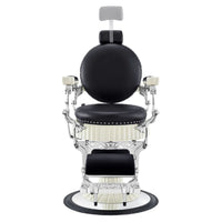 Thumbnail for Mikado Barber Chair Vintage Black Variant Front View Demonstrating Pull Out Headrest Range On White Background
