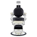 Mikado Barber Chair Vintage Black Variant Front View Demonstrating Pull Out Headrest Range On White Background