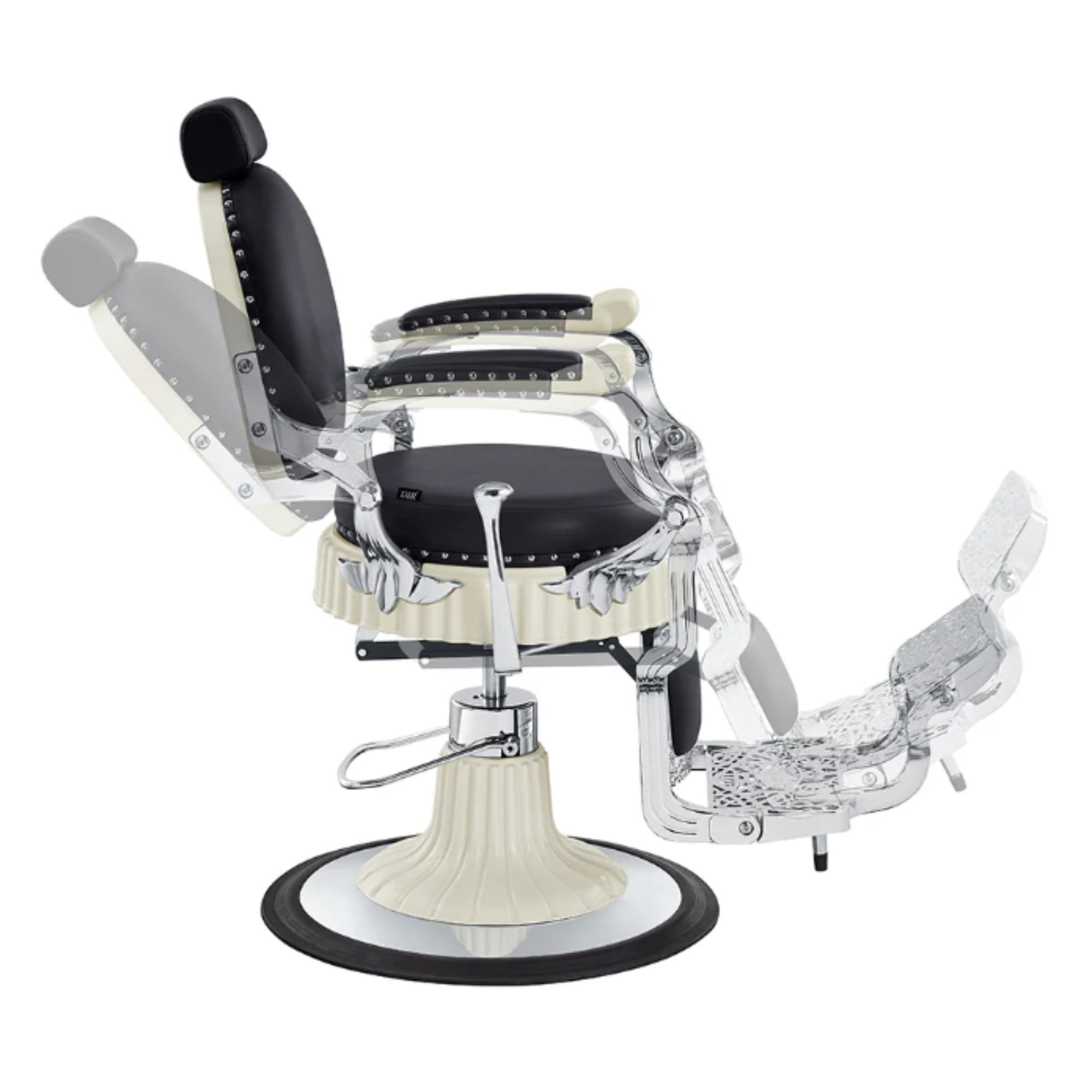 Mikado Barber Chair Vintage Black Variant Side View Demonstrating Swing Adjustment On White Background
