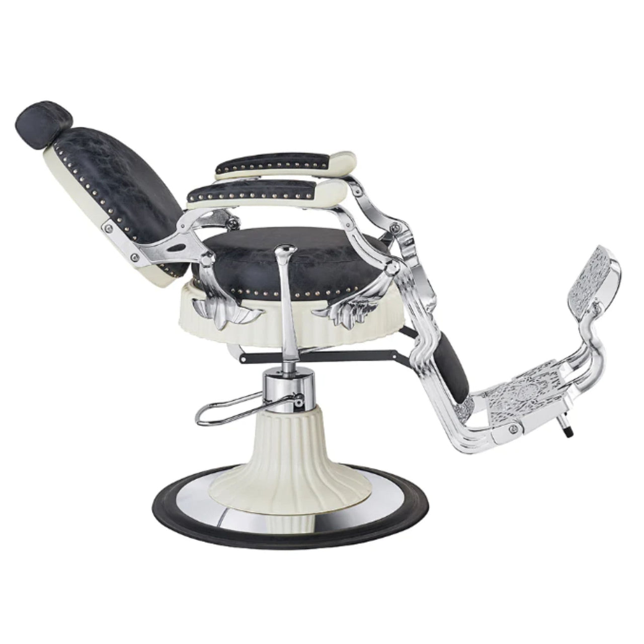 Mikado Barber Chair Vintage Black Vintage Variant Side View And Back Rest Slightly Swing On White Background