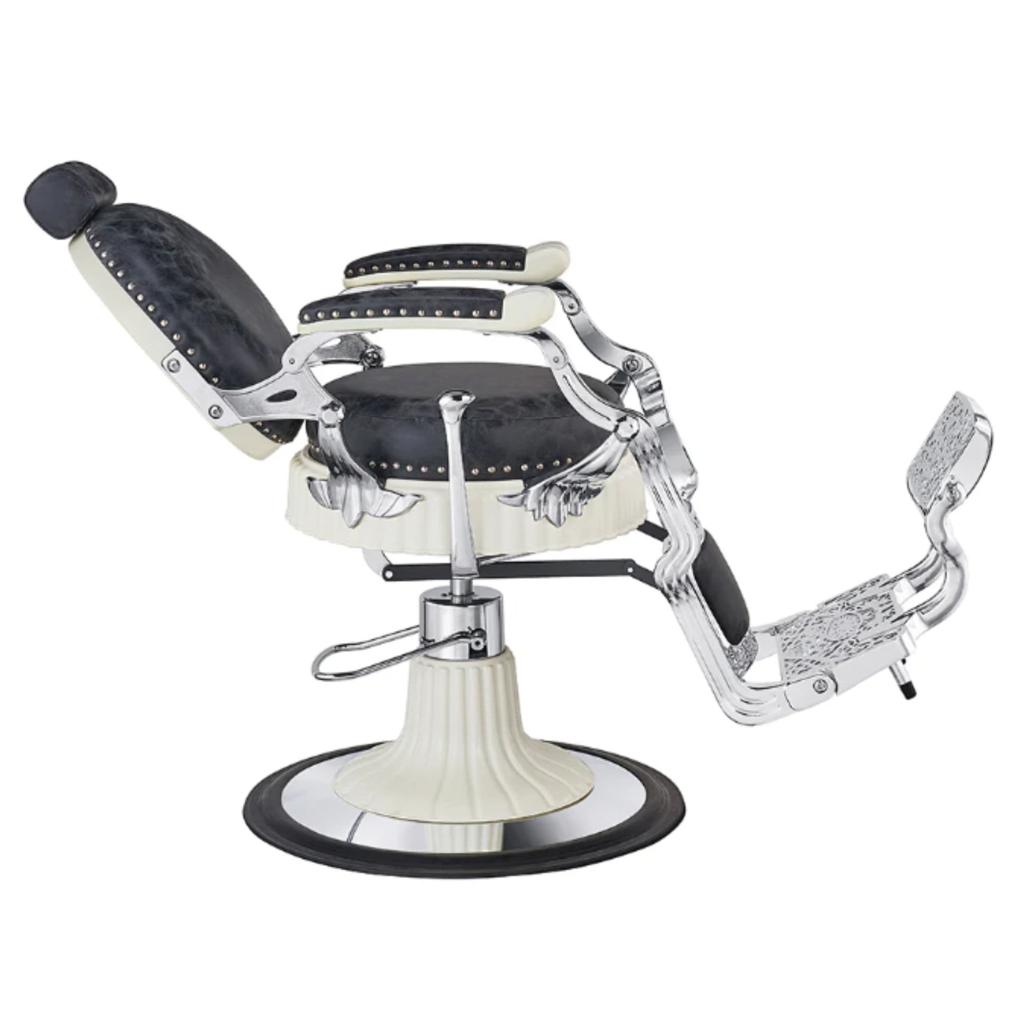 Mikado Barber Chair Vintage Black Vintage Variant Side View And Back Rest Slightly Swing On White Background