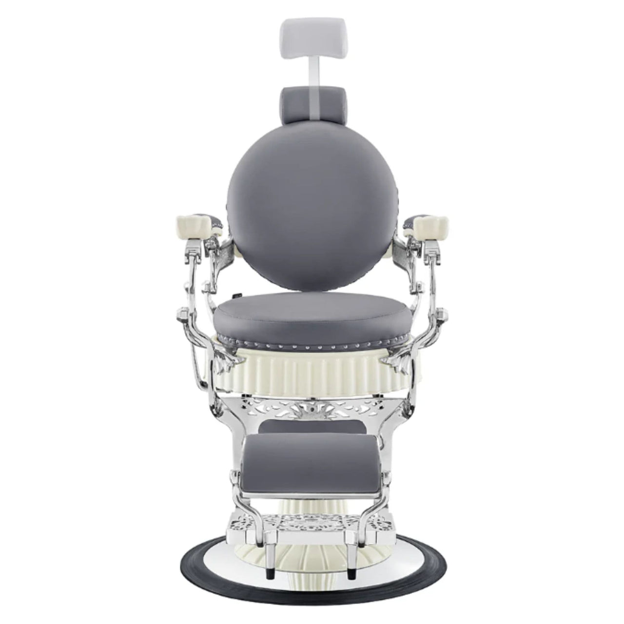 Mikado Barber Chair Vintage Gray Variant Front View Demonstrating Pull Out Headrest Range On White Background