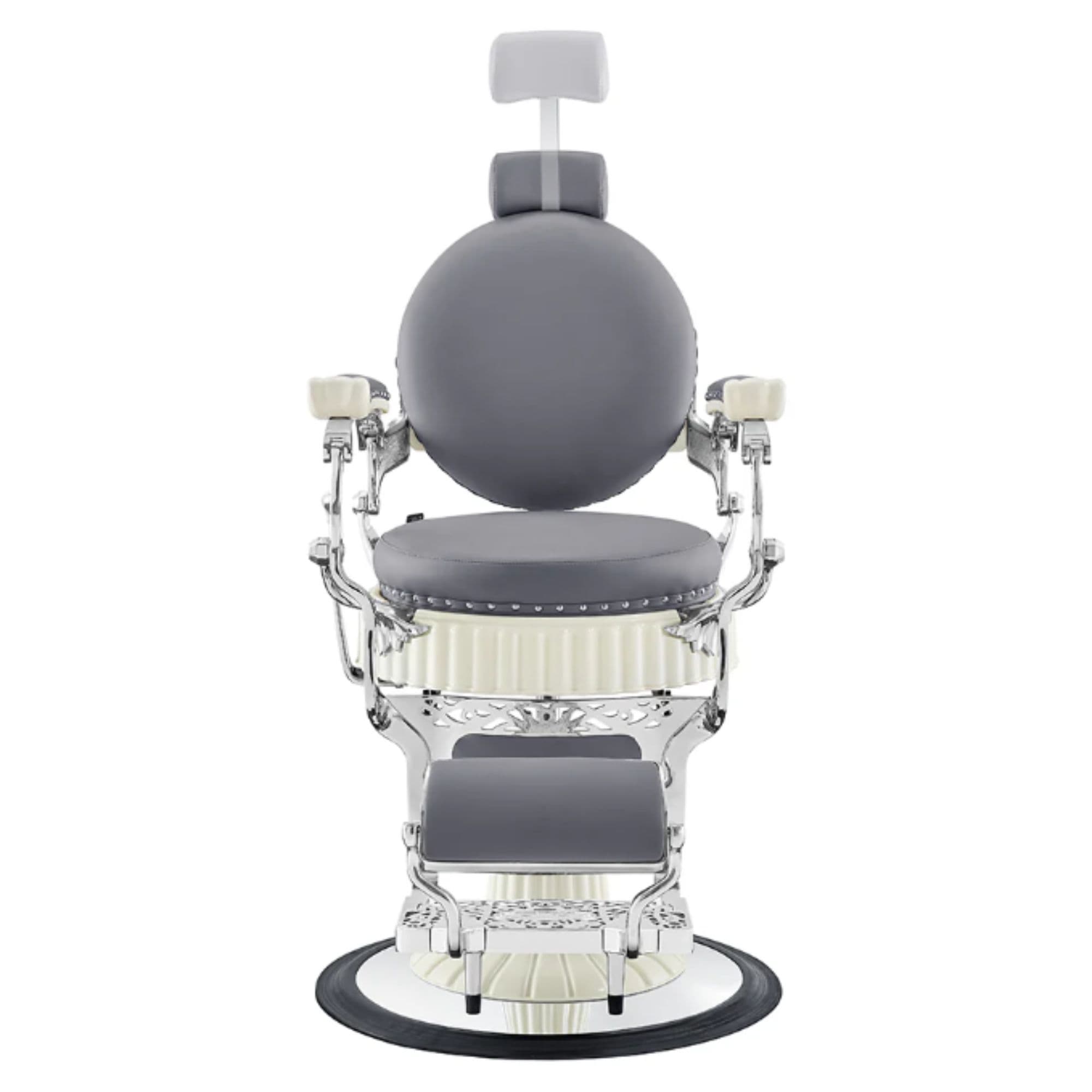 Mikado Barber Chair Vintage Gray Variant Front View Demonstrating Pull Out Headrest Range On White Background
