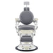 Mikado Barber Chair Vintage Gray Variant Front View Demonstrating Pull Out Headrest Range On White Background