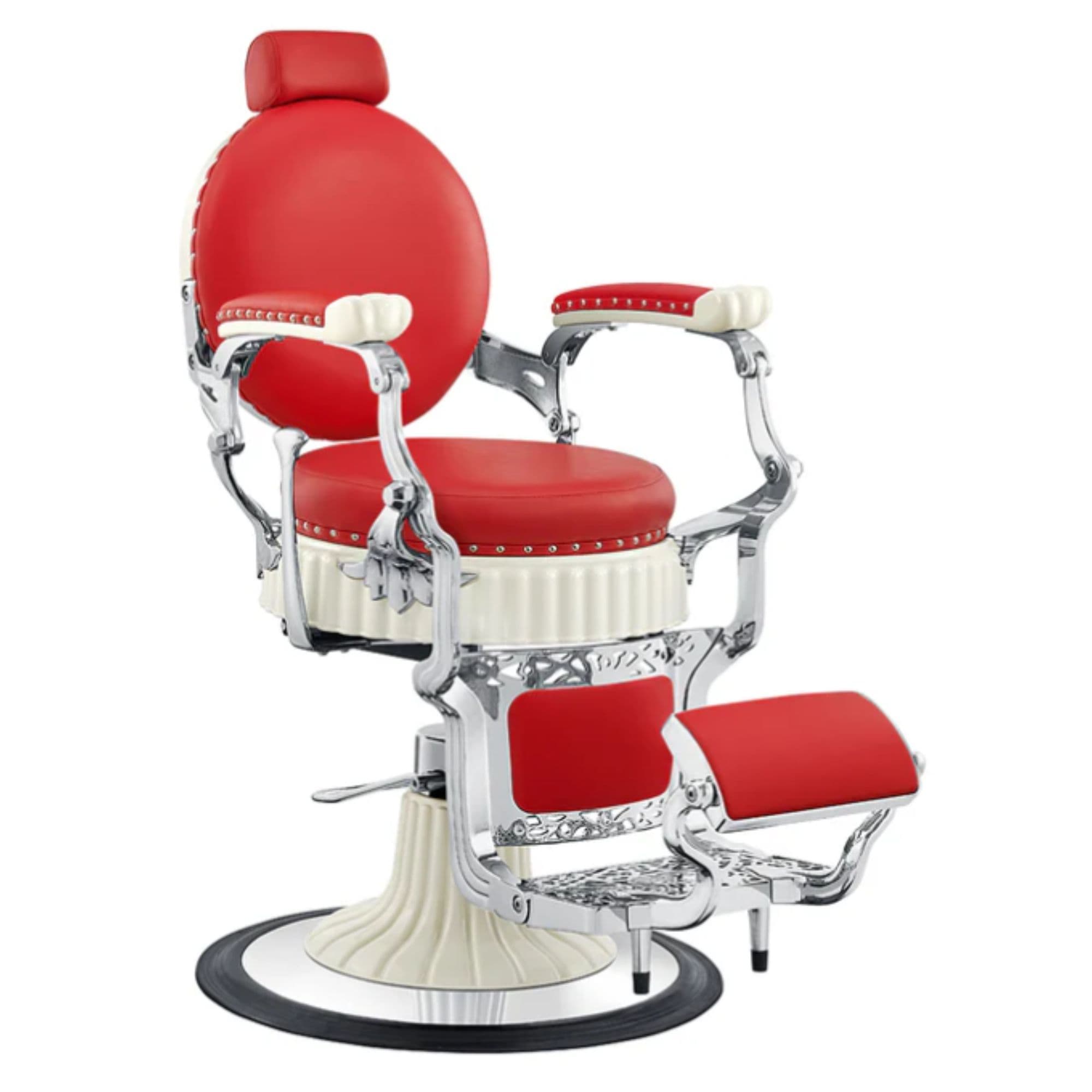 Mikado Barber Chair Vintage Red Variant Front Angled View On White Background