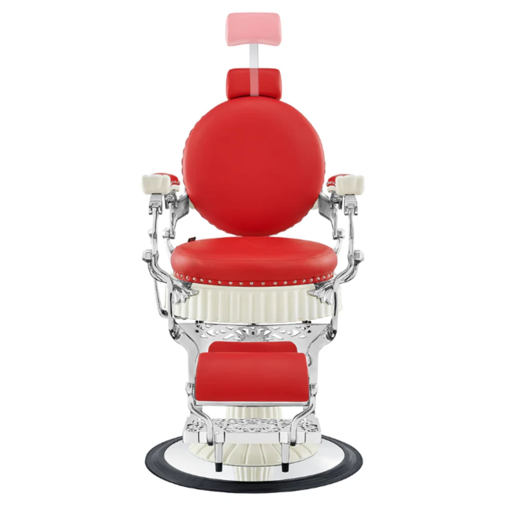 Mikado Barber Chair Vintage Red Variant Front View Demonstrating Pull Out Headrest Range On White Background