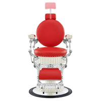 Thumbnail for Mikado Barber Chair Vintage Red Variant Front View Demonstrating Pull Out Headrest Range On White Background