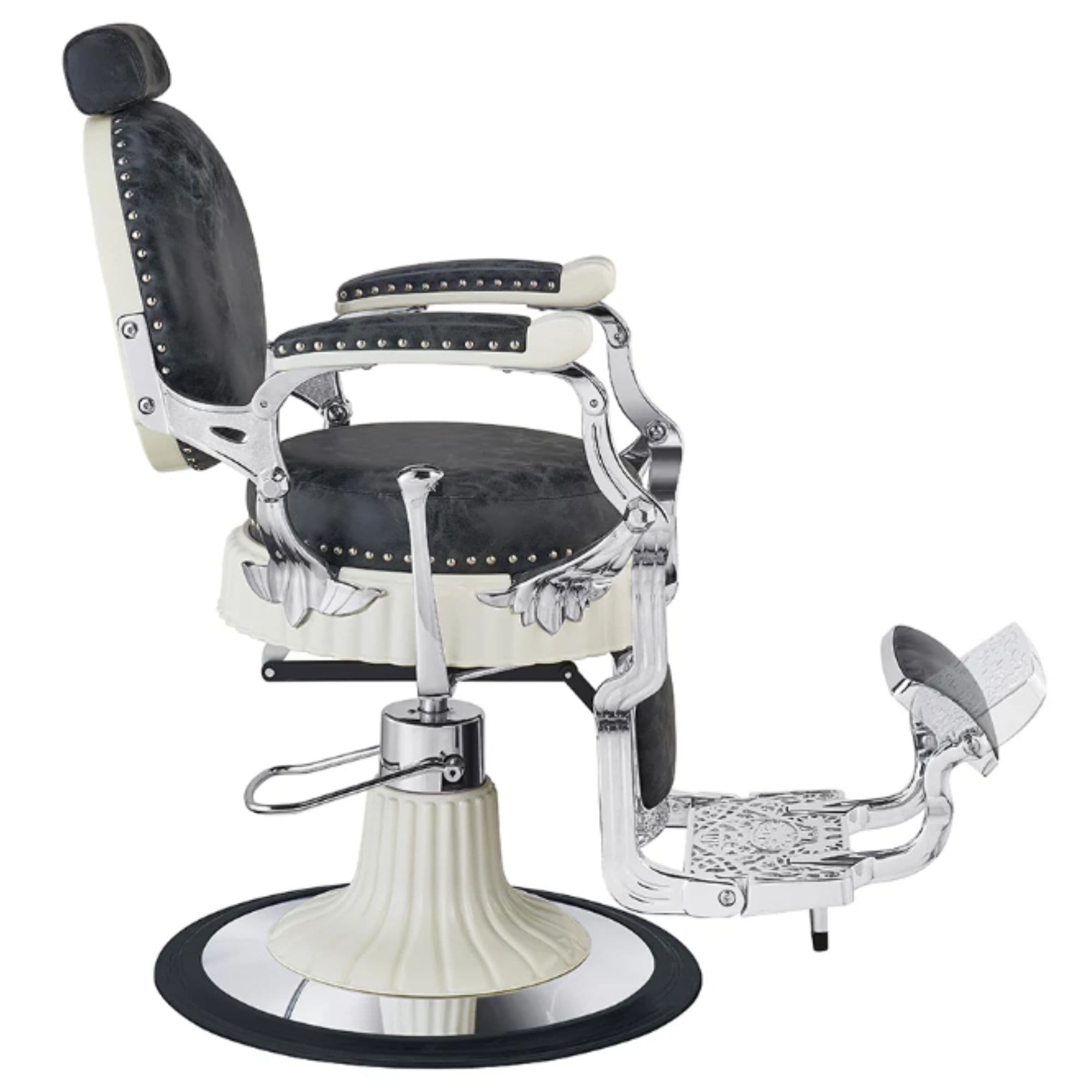 Mikado Retro Style Barber Chair Black Vintage Variant Side View Demonstrating The Swing Range Of Foot Rest Extension On White Background