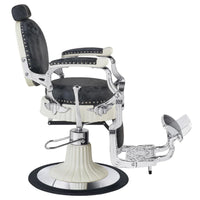 Thumbnail for Mikado Retro Style Barber Chair Black Vintage Variant Side View Demonstrating The Swing Range Of Foot Rest Extension On White Background