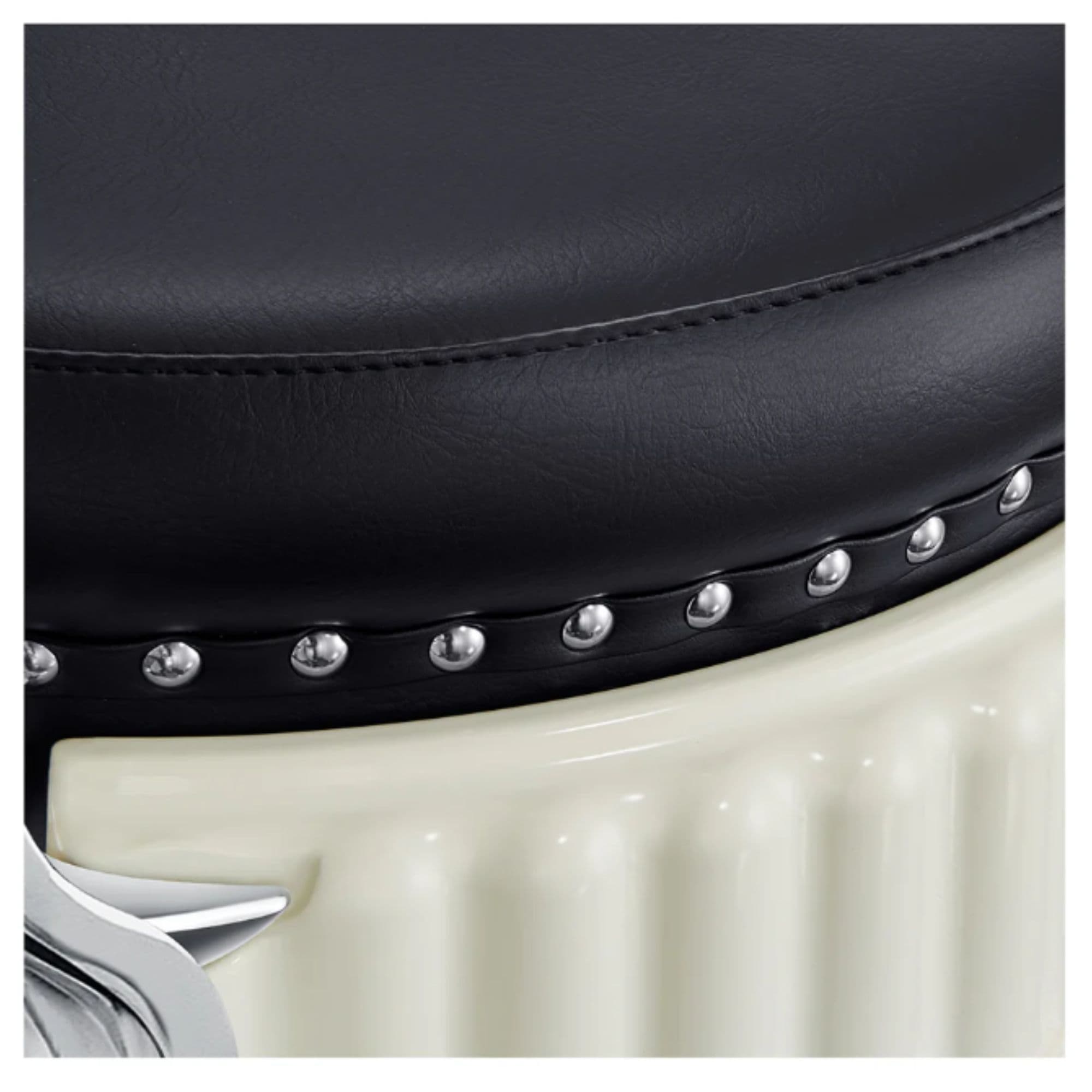 Mikado Retro Style Barber Chair Close-Up View Of Black Upholstery With Decorative Studs Accent