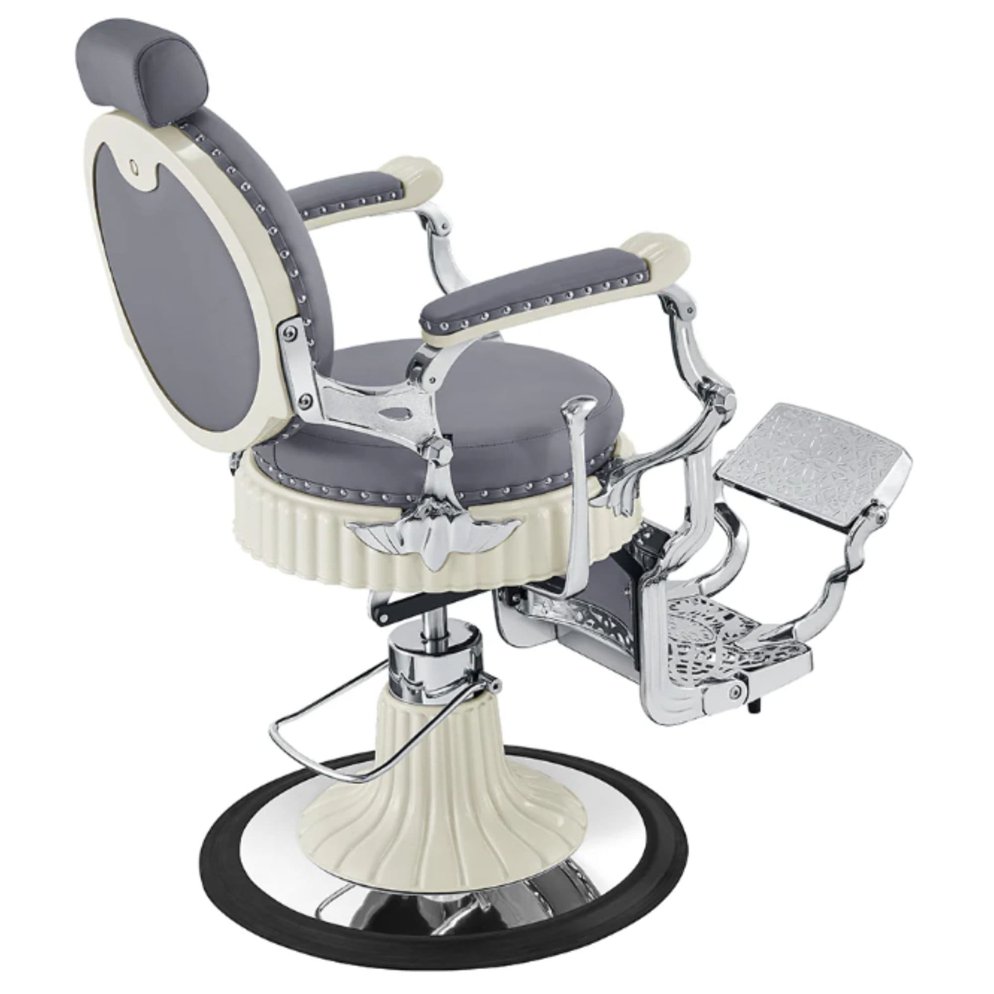 Mikado Retro Style Barber Chair Gray Variant Rear Angled View On White Background
