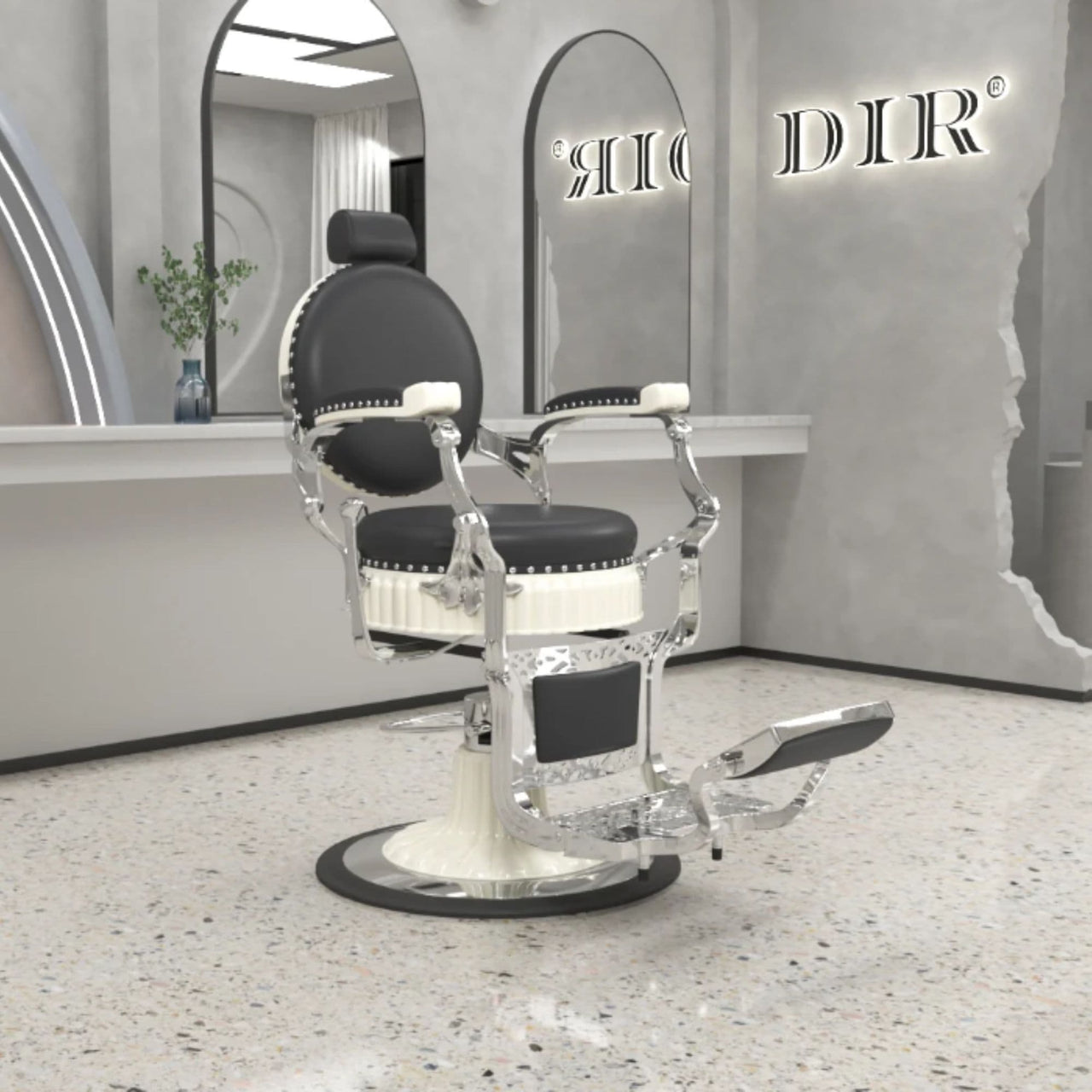 Mikado Vintage Barber Chair Black Variant Front Angled View With Mirror And Brand Name In The Background