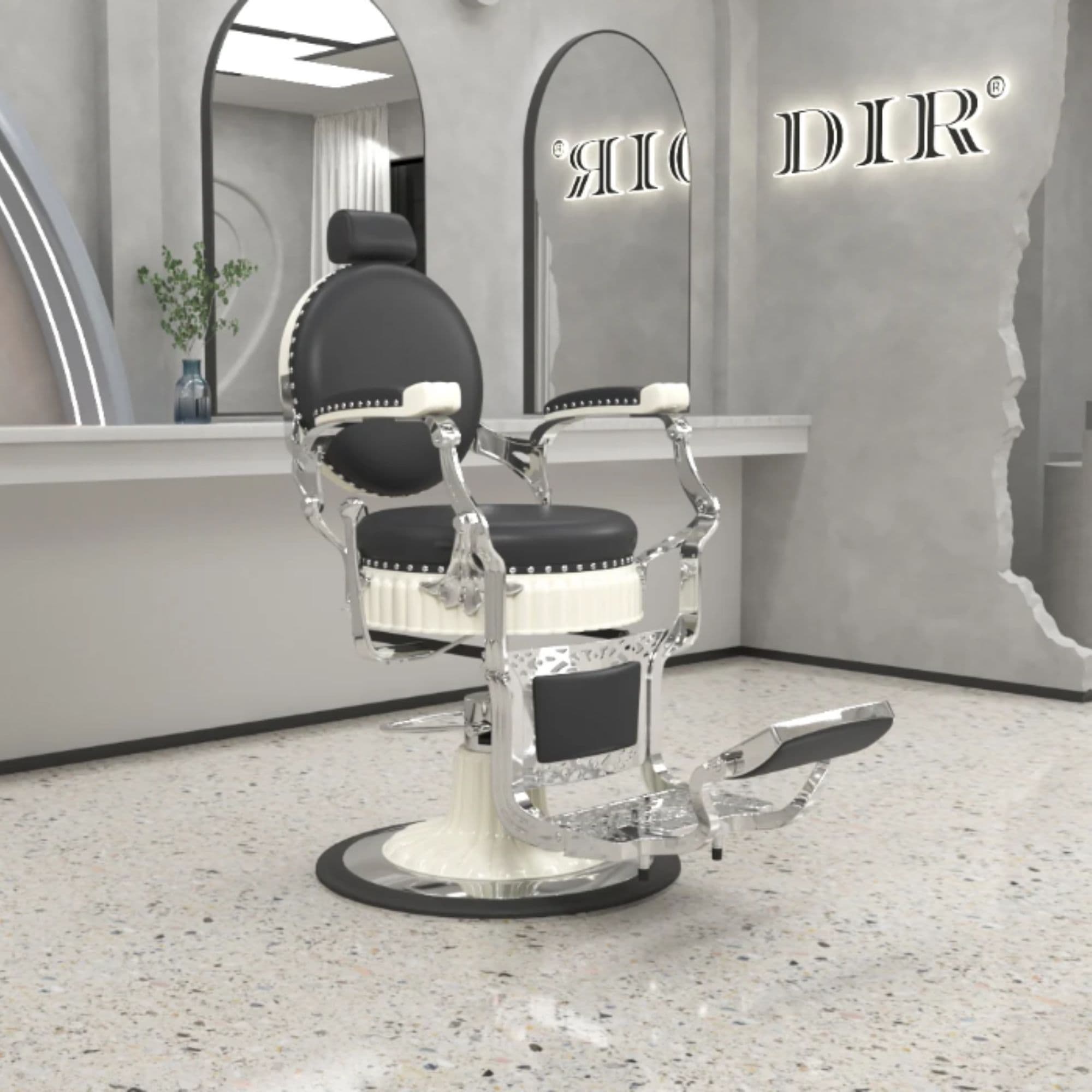 Mikado Vintage Barber Chair Black Variant Front Angled View With Mirror And Brand Name In The Background