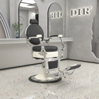 Thumbnail for Mikado Vintage Barber Chair Black Variant Front Angled View With Mirror And Brand Name In The Background