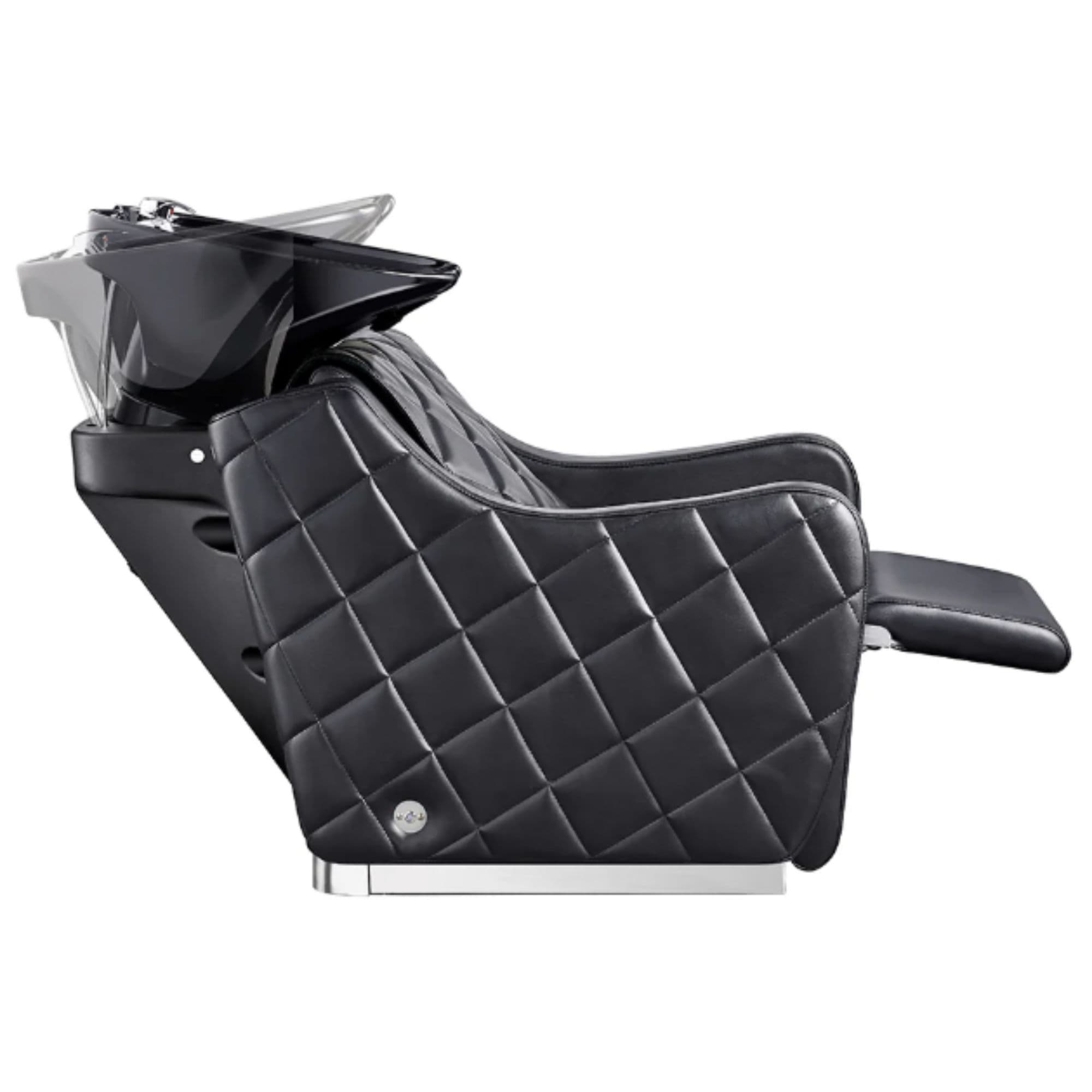 Minervah Massage Backwash Unit Black Side View Of Black Single Shampoo Wash Station And Leg Rest Fully Reclined With White Clean Background