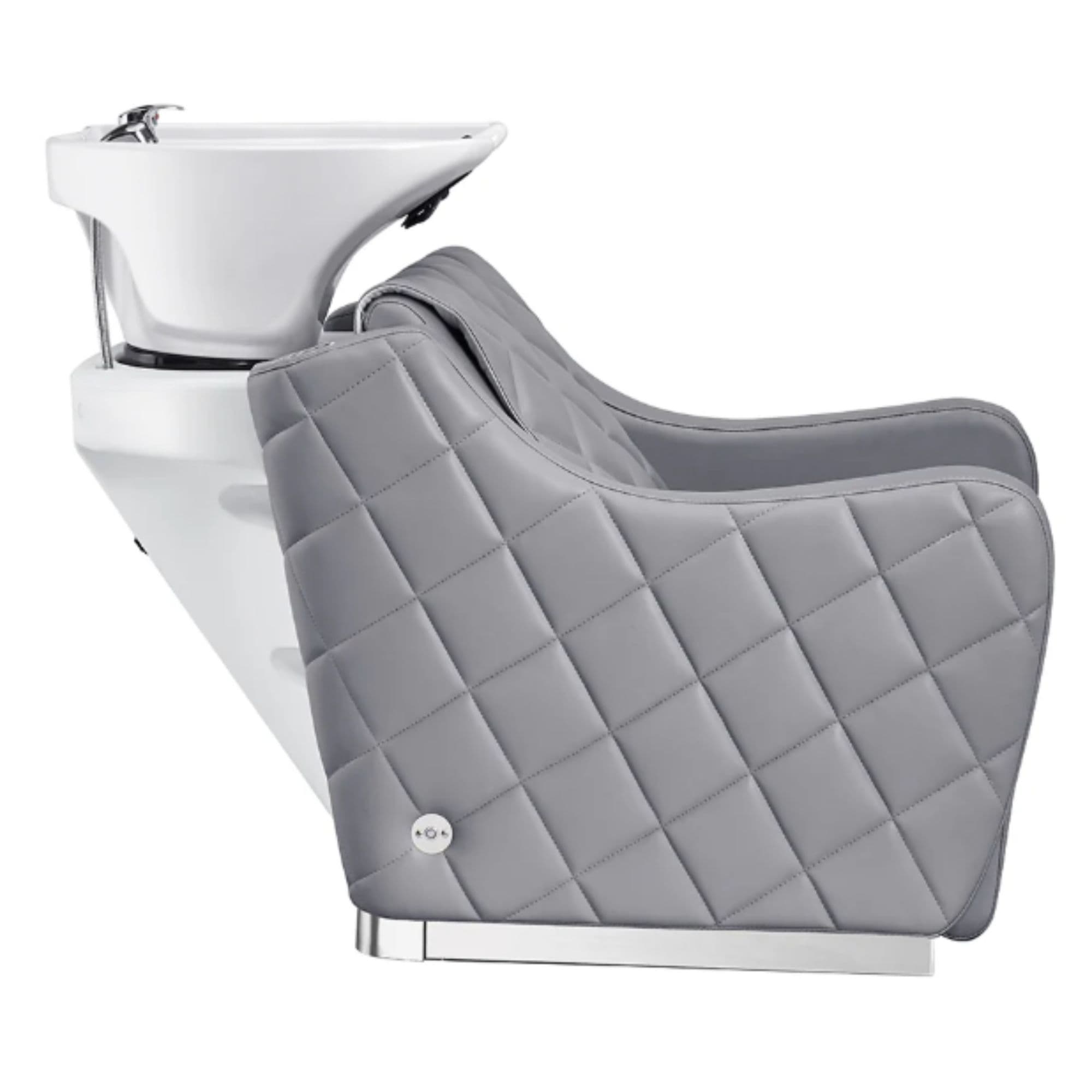 Minervah Shampoo Backwash Unit with Massage Gray Side View Of White Wash Shampoo Station With A Power Button