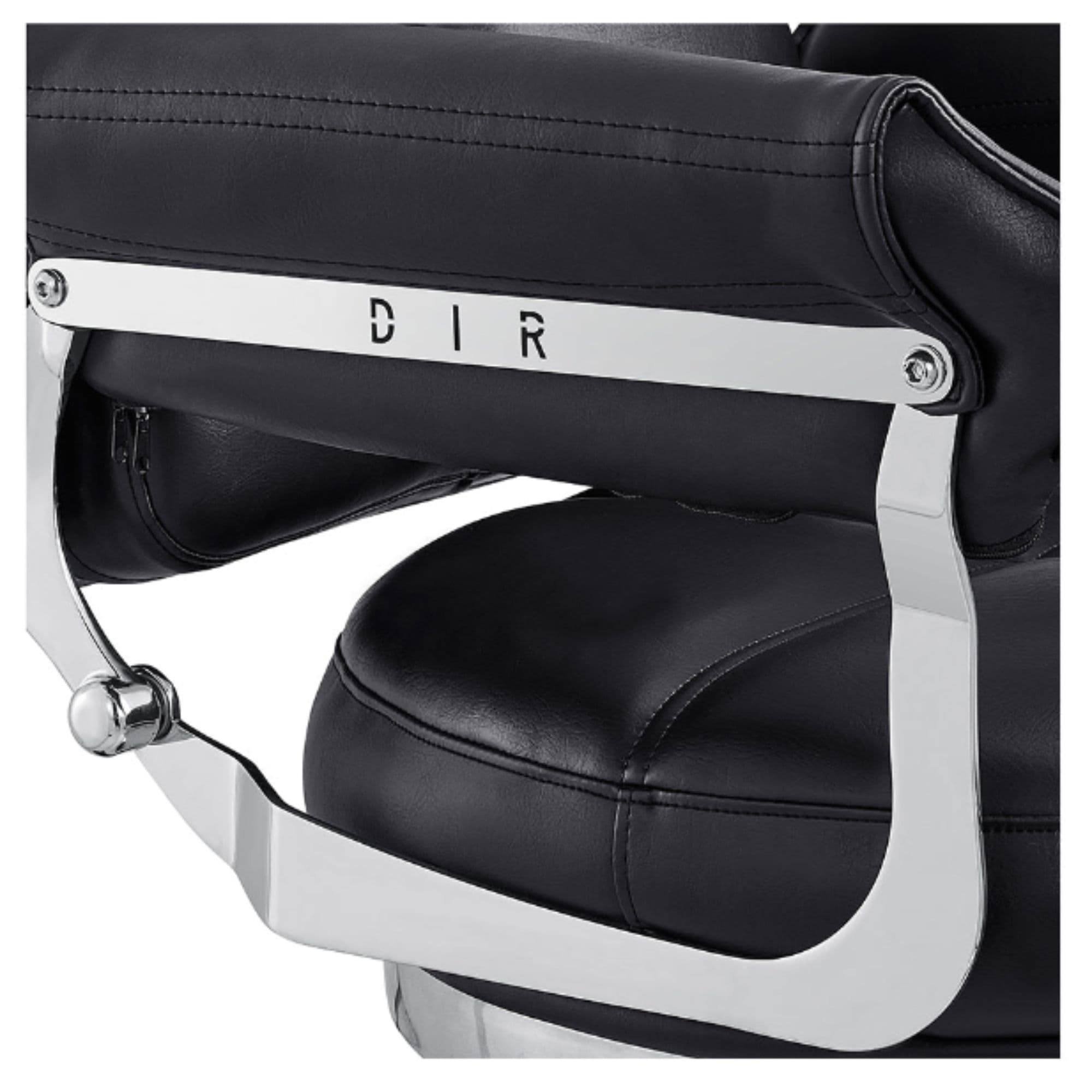 Mochilagon Adjustable Salon Shampoo Chair Close-Up View Of Chrome Armrest Frame And Black Upholstered Seat Cushion With Brand Name