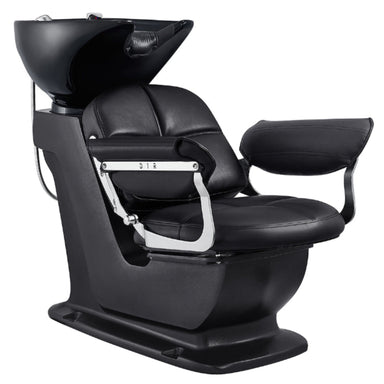 Mochilagon Salon Shampoo Chair with Adjustable Seat Black Front Angled View Of Black Single Shampoo Wash Station With Clean White Background