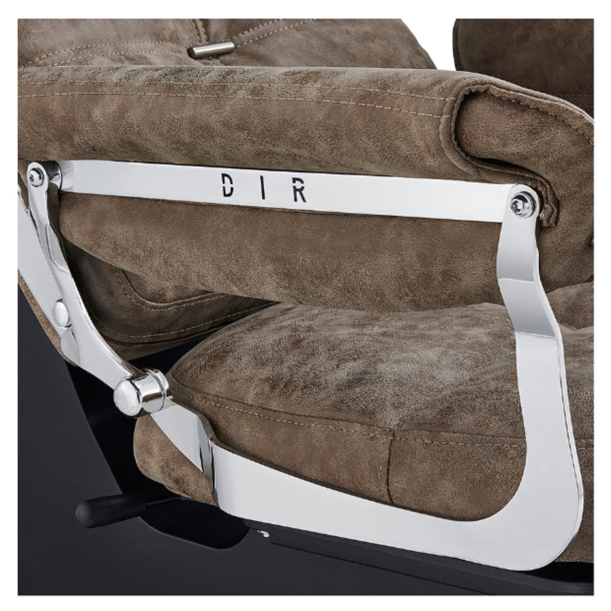 Mochilagon Salon Shampoo Chair with Adjustable Seat Close-Up View Of Chrome Armrest Frame And Brown Upholstered Seat Cushion With Brand Name