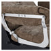 Mochilagon Salon Shampoo Chair with Adjustable Seat Close-Up View Of Chrome Armrest Frame And Brown Upholstered Seat Cushion With Brand Name
