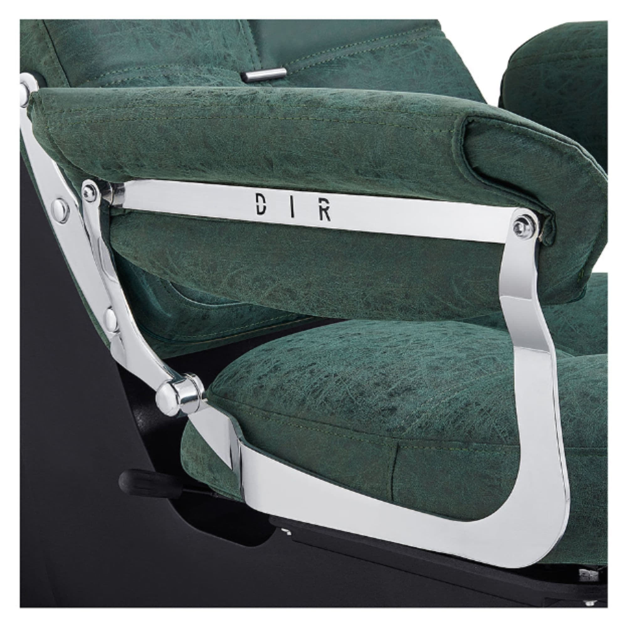 Mochilagon Salon Shampoo Chair with Adjustable Seat Close-Up View Of Chrome Armrest Frame And Green Upholstered Seat Cushion With Brand Name