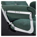 Mochilagon Salon Shampoo Chair with Adjustable Seat Close-Up View Of Chrome Armrest Frame And Green Upholstered Seat Cushion With Brand Name