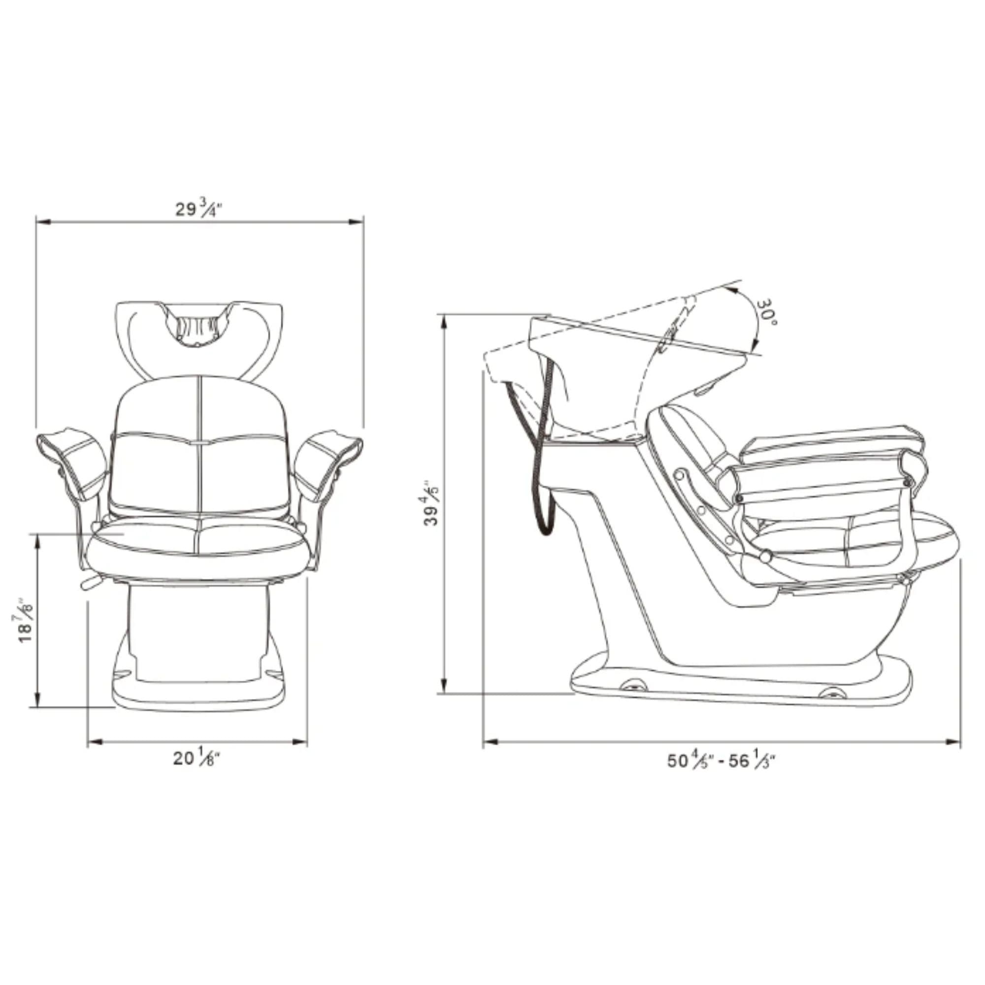 Mochilagon Salon Shampoo Chair with Adjustable Seat Product Dimension Diagram