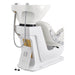 Mochilagon Salon Shampoo Chair with Adjustable Seat Rear Angled View With White Wash Station Sink Assembly
