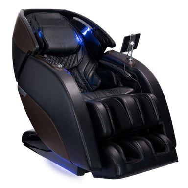 Nokori M980 Syner-D Massage Chair Black Variant Front Angled View With Lights On White Background