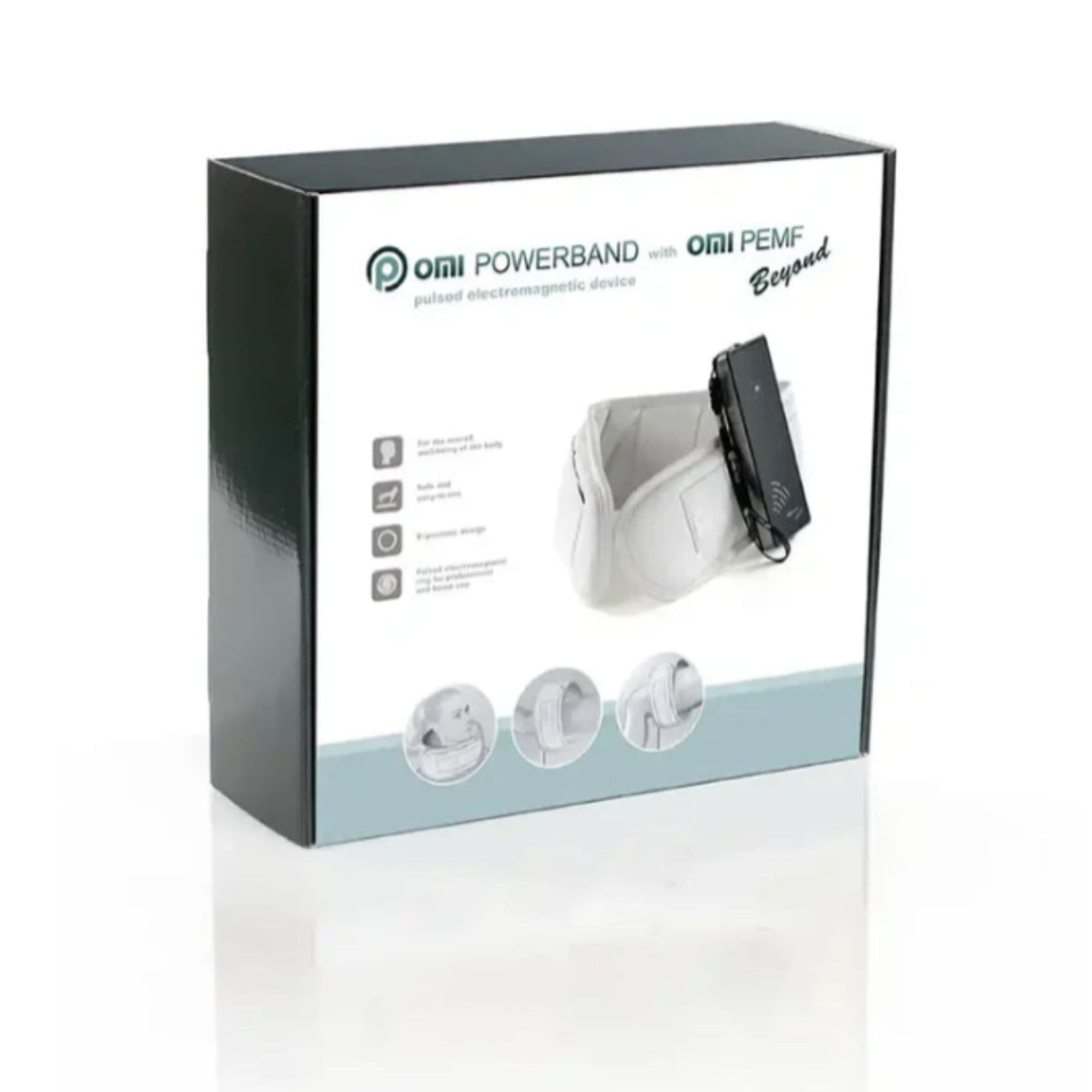 OMI PEMF Beyond Power Package -PEMF Beyond Mat and PEMF Beyond PowerBand With Modern Product Packaging On Clean Background