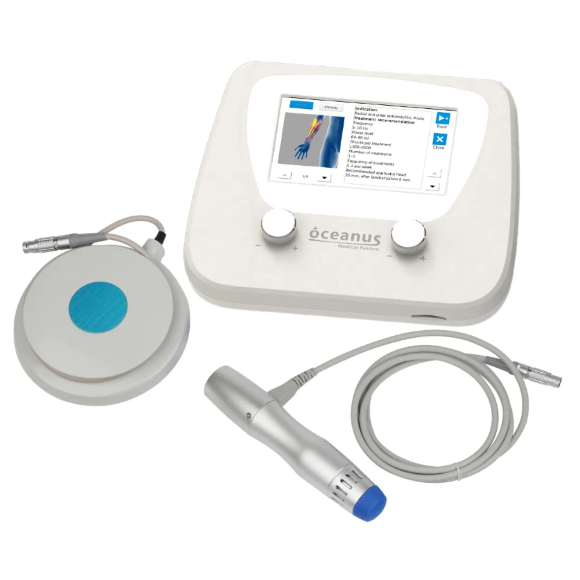 Oceanus PhysioPRO Clinical Shockwave Therapy Machine Top View With Accessories On White Background