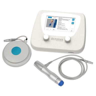 Oceanus PhysioPRO Clinical Shockwave Therapy Machine Top View With Accessories On White Background