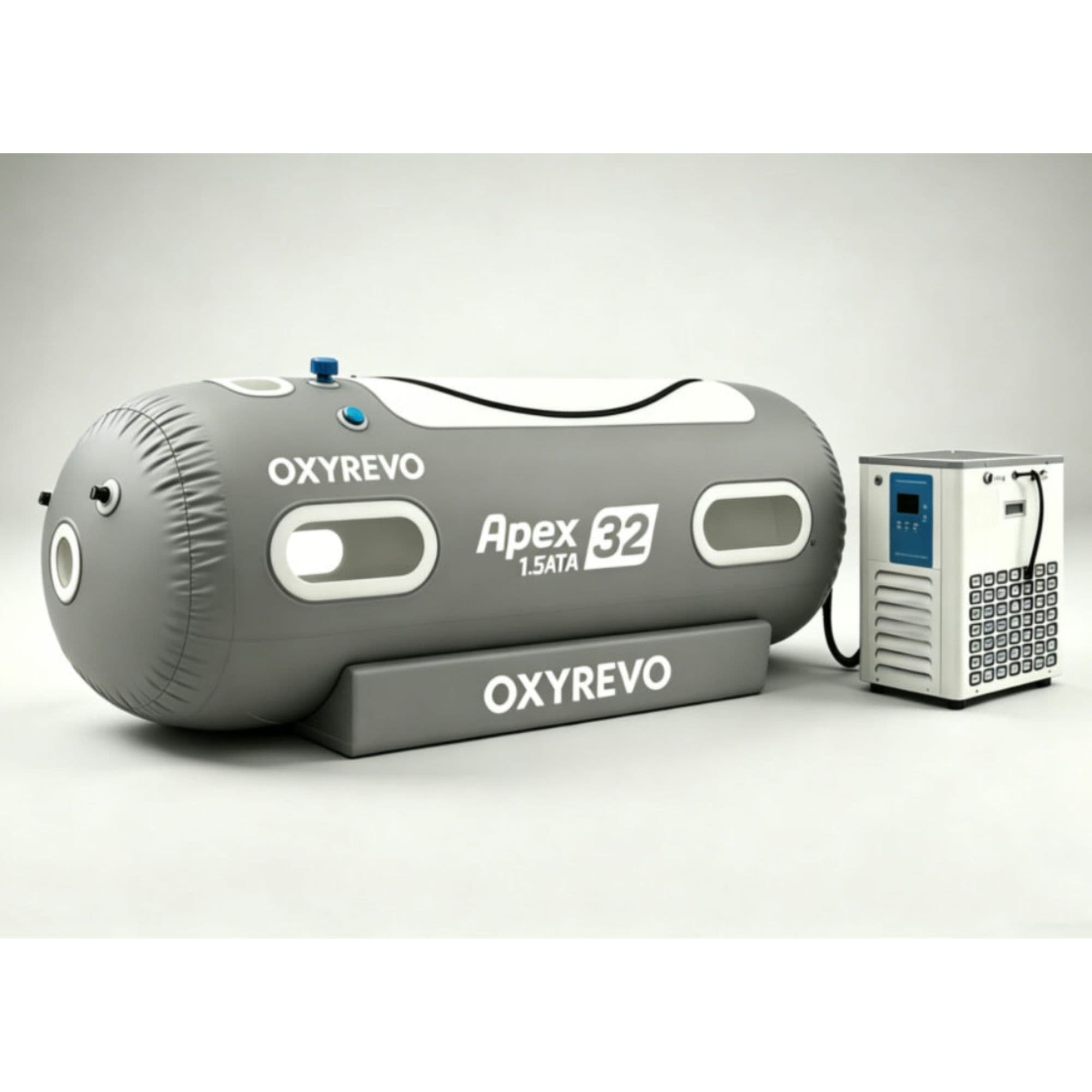 OxyRevo Apex32 Portable Hyperbaric Oxygen Chamber Side Angle View With Oxygen Concentrator