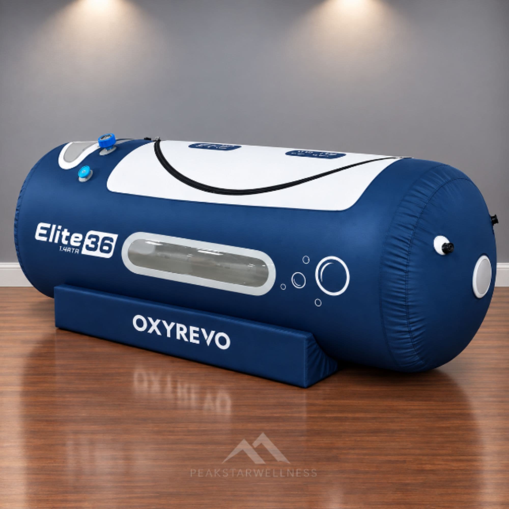 OxyRevo Elite36 Portable Hyperbaric Chamber – 1.4 ATA Angled View Of Blue Color On Wooden Floor And Gray Walls