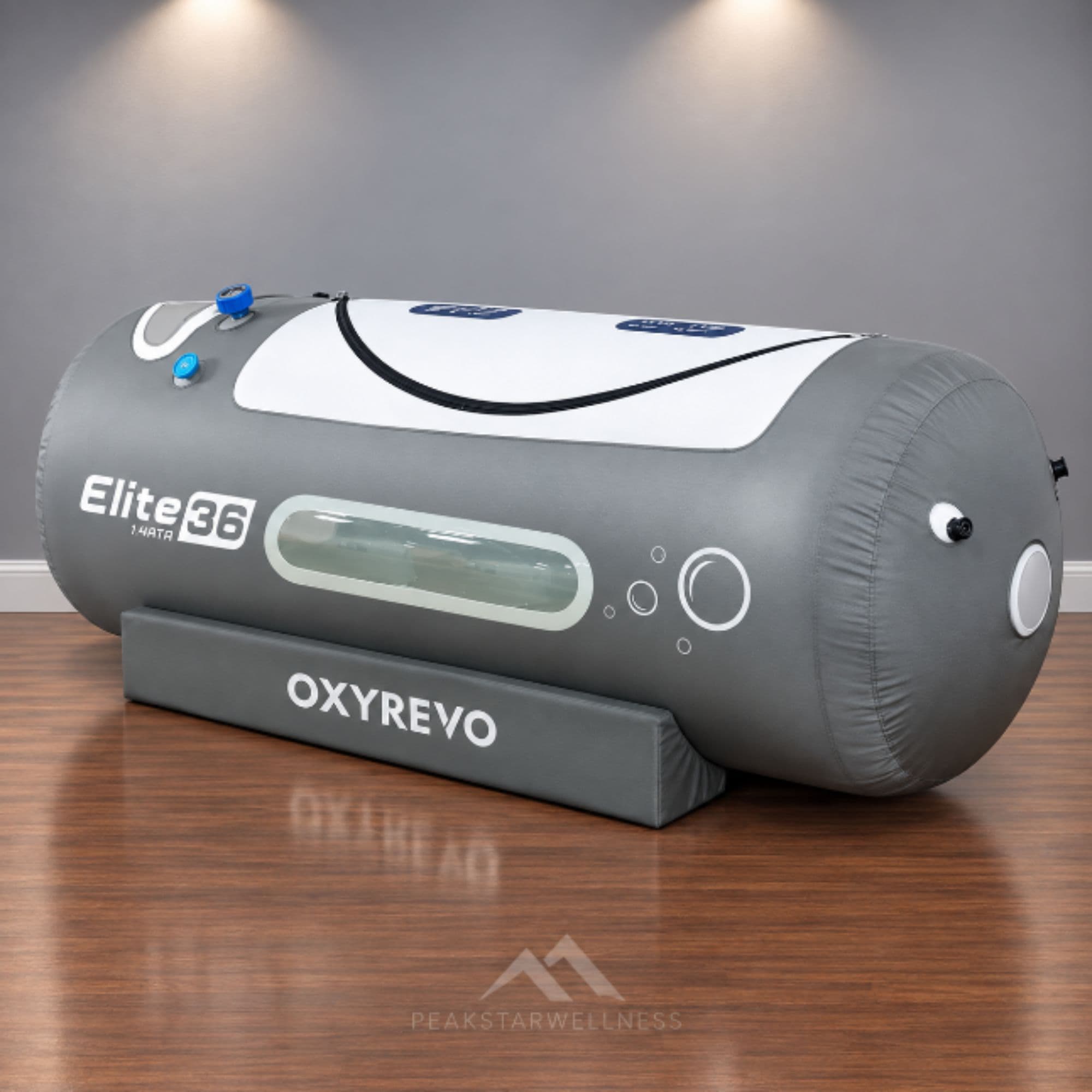 OxyRevo Elite36 Portable Hyperbaric Chamber – 1.4 ATA Angled View Of Gray Color On Wooden Floor And Gray Walls