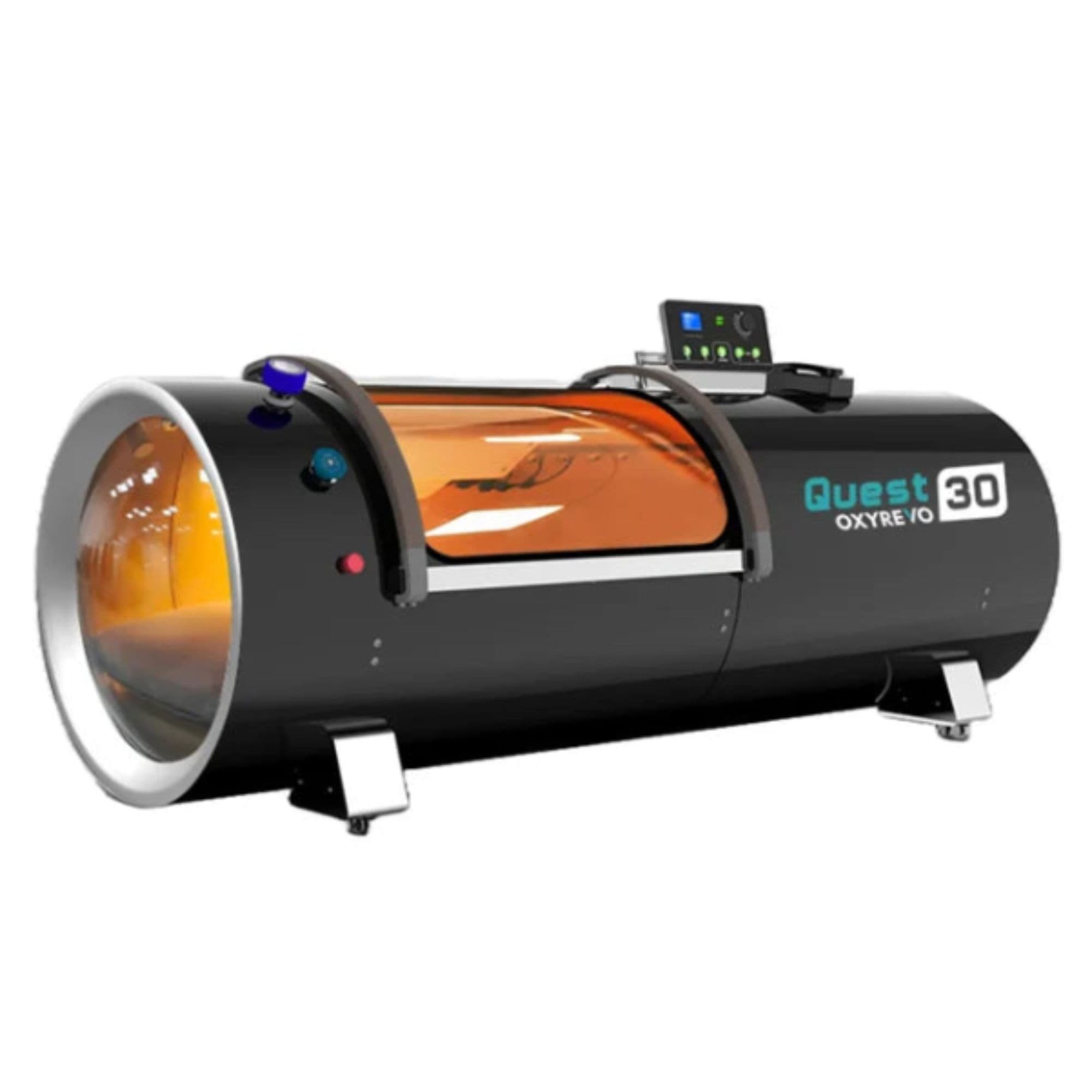 OxyRevo Hard Hyperbaric Chamber Quest30, 2.0ATA Rear Angle View Of Black Color On White Background
