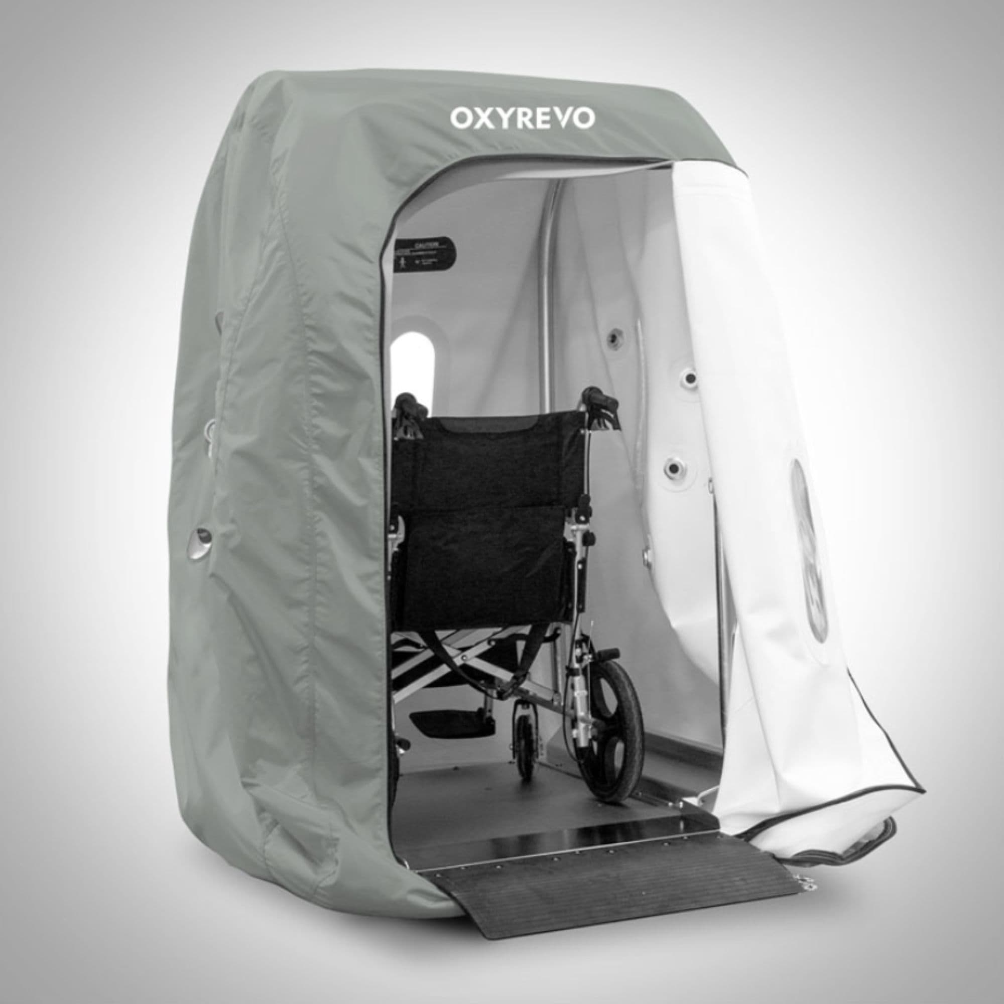 OxyRevo Heal40 Soft Hyperbaric Chamber Showing Wheelchair Access Ramp On Left Angle View
