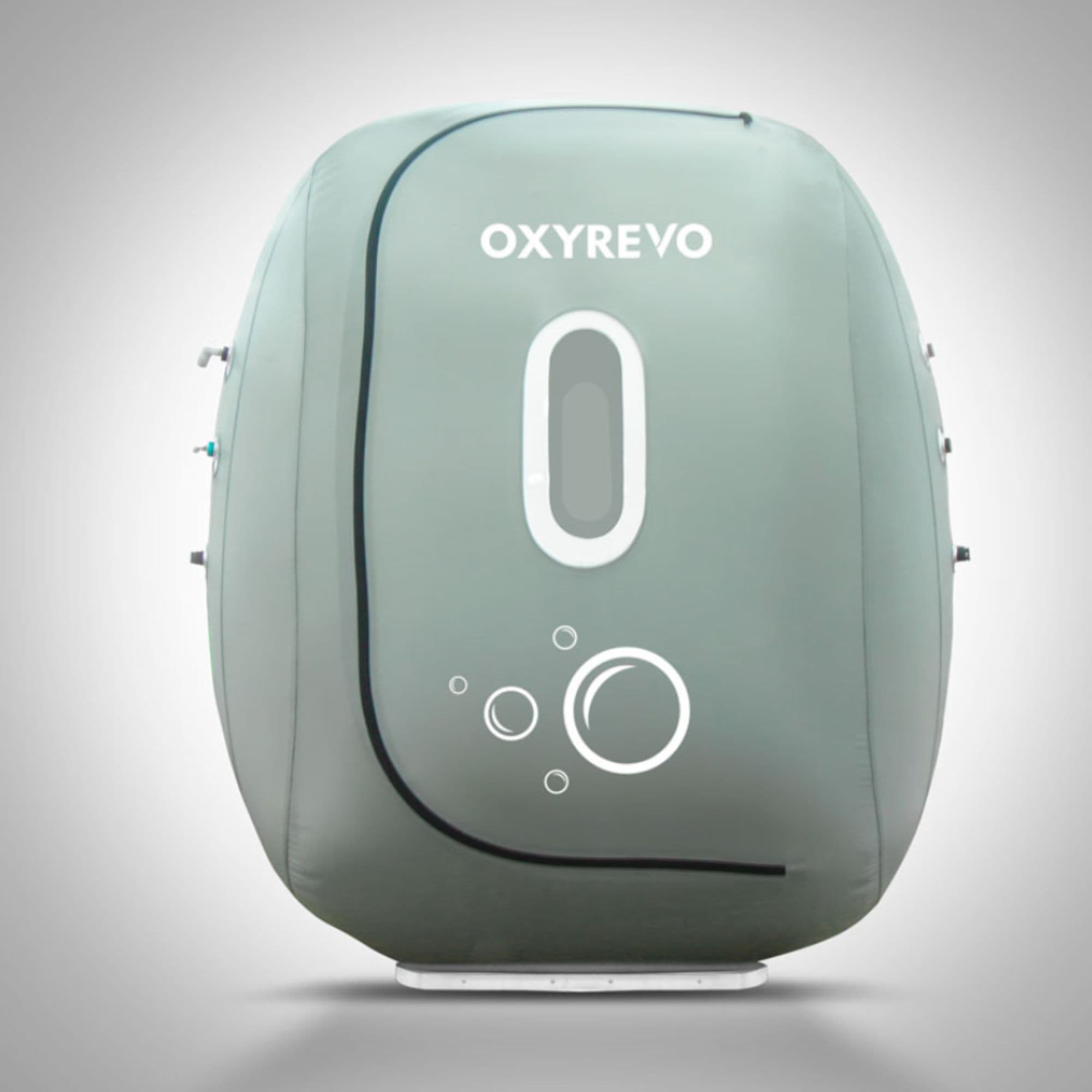 OxyRevo Heal40 Wheelchair Hyperbaric Chamber – 1.4 ATA Closed Front View On Gray Gradient Background