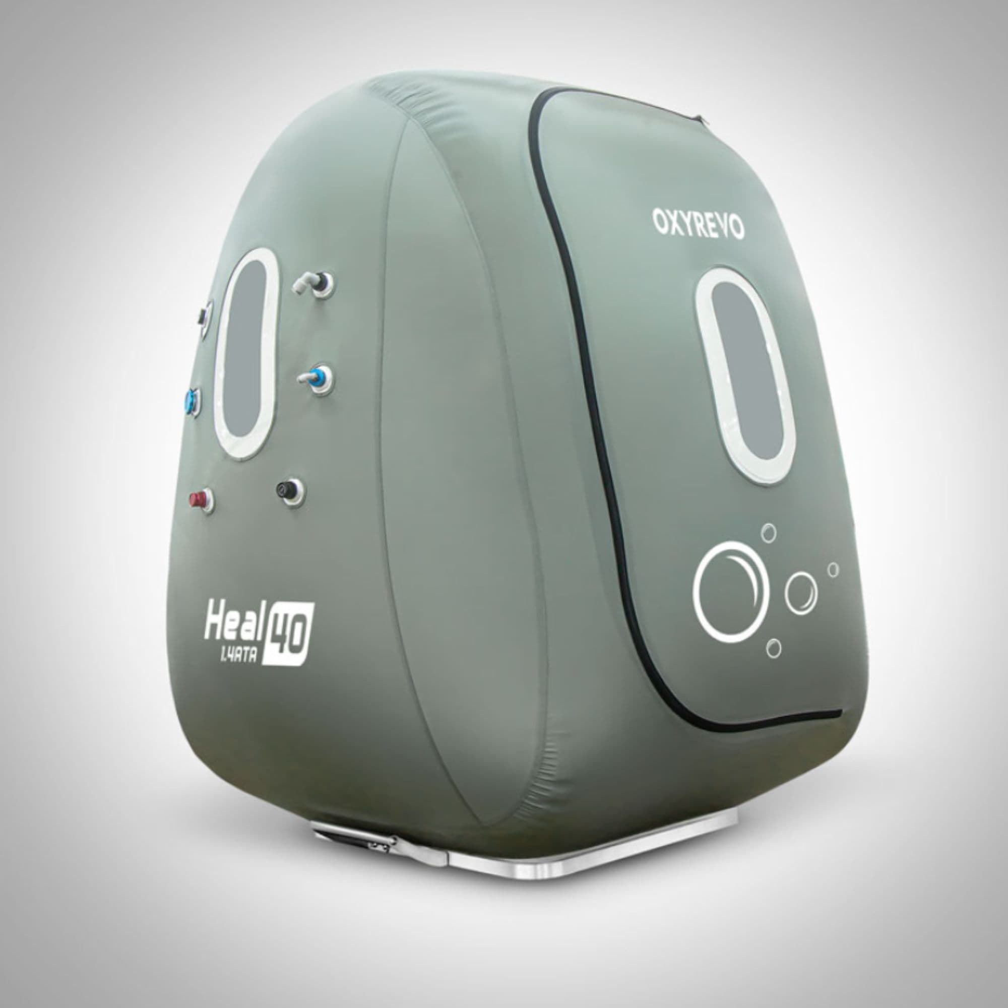 OxyRevo Heal40 Wheelchair Hyperbaric Chamber – 1.4 ATA Closed Side Angle View On Gray Gradient Background