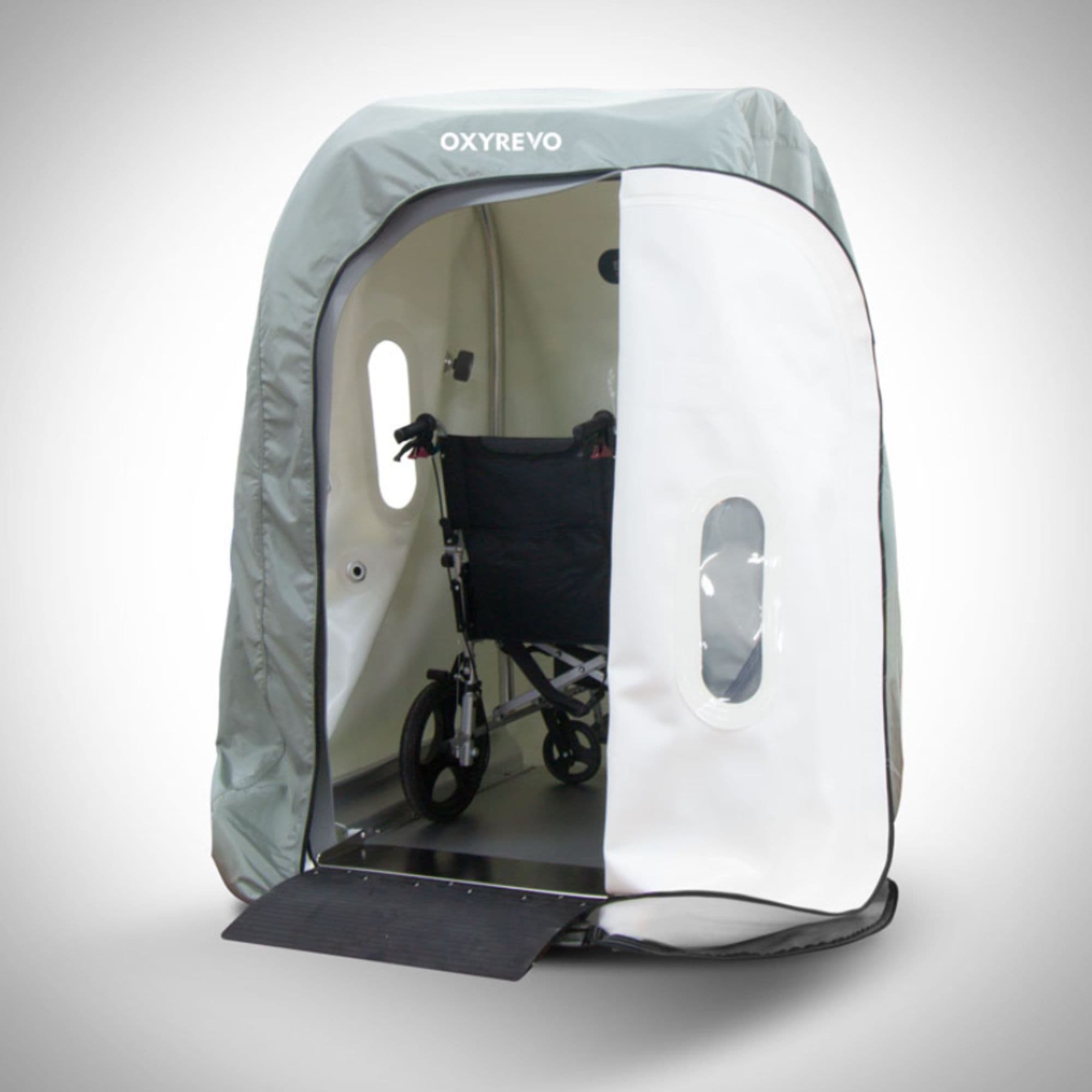 OxyRevo Heal40 Wheelchair Hyperbaric Chamber – 1.4 ATA Open Entrance Showing Wheelchair Access Ramp On Right Angle View