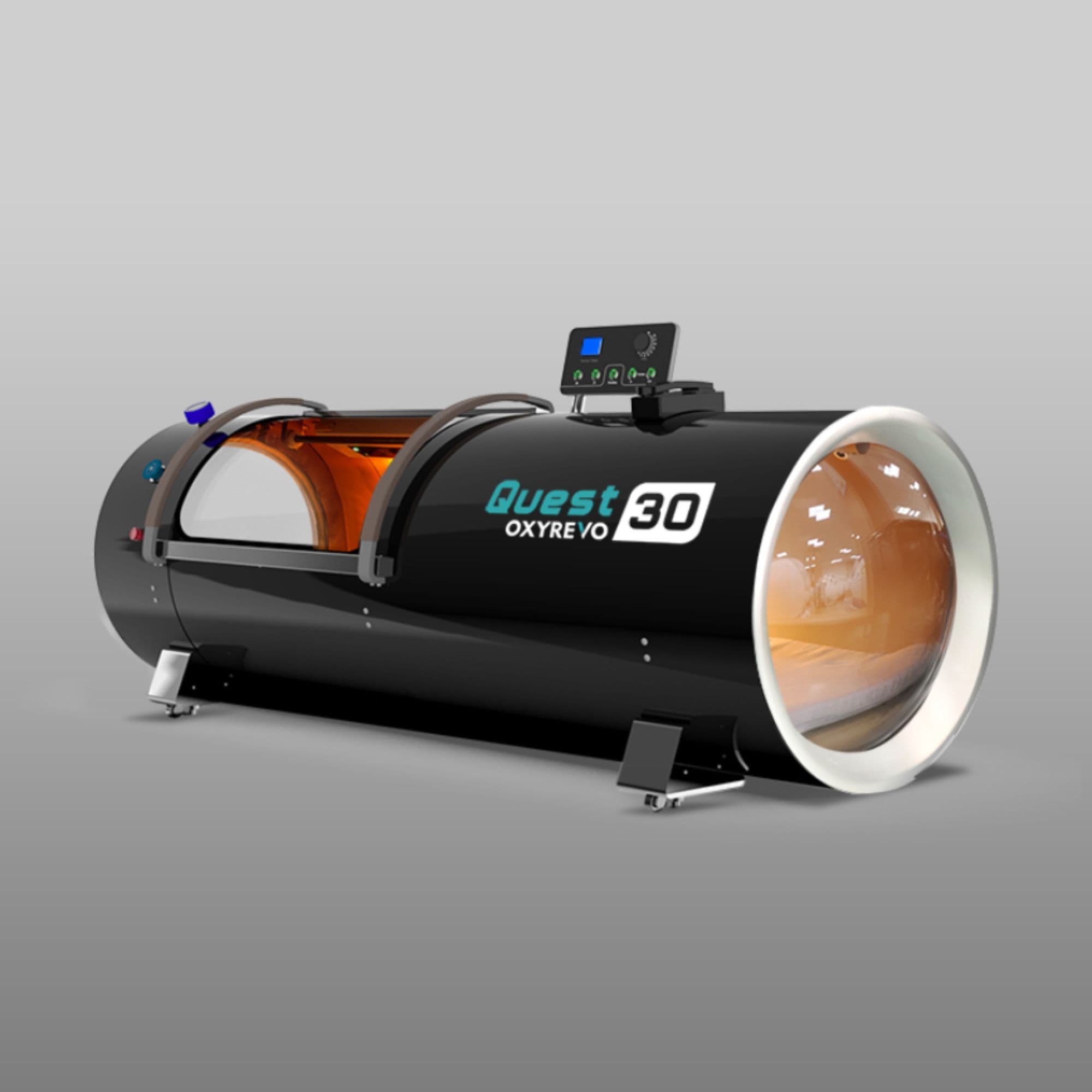 OxyRevo Quest30 Hard Hyperbaric Chamber – 1.5–2.0 ATA Front Angle View Of Black Color On Gray Background