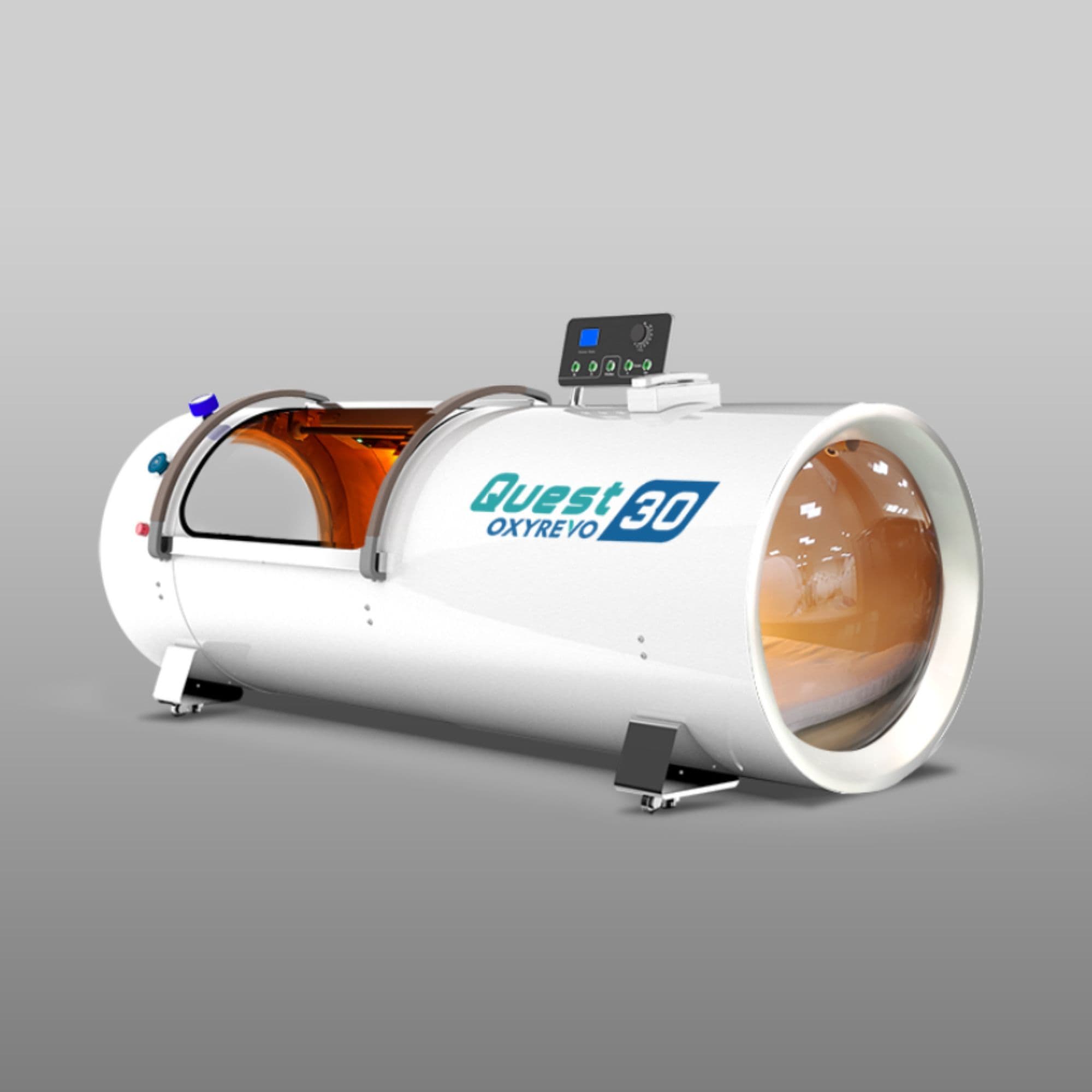 OxyRevo Quest30 Hard Hyperbaric Chamber – 1.5–2.0 ATA Front Angle View Of White Color On Gray Background