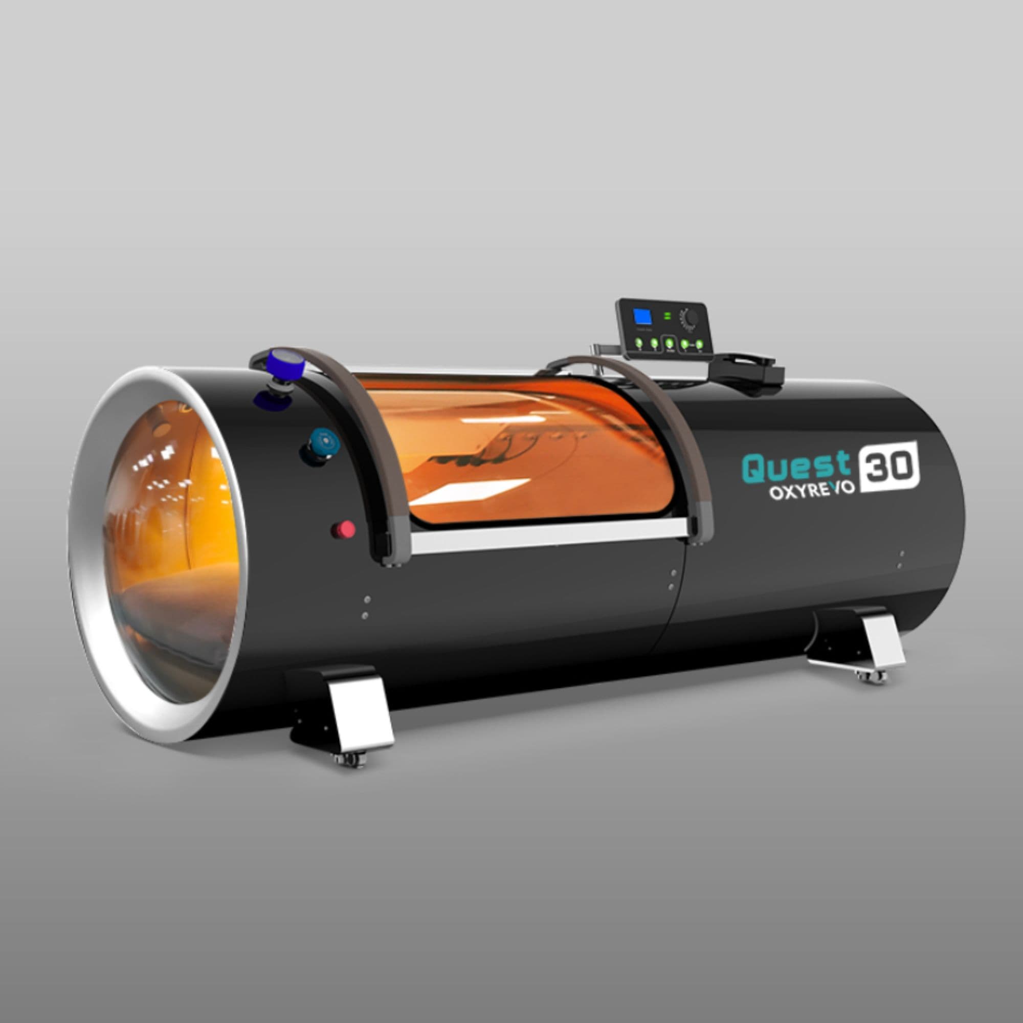 OxyRevo Quest30 Hard Hyperbaric Chamber – 1.5–2.0 ATA Rear Angle View Of White Color On Gray Background