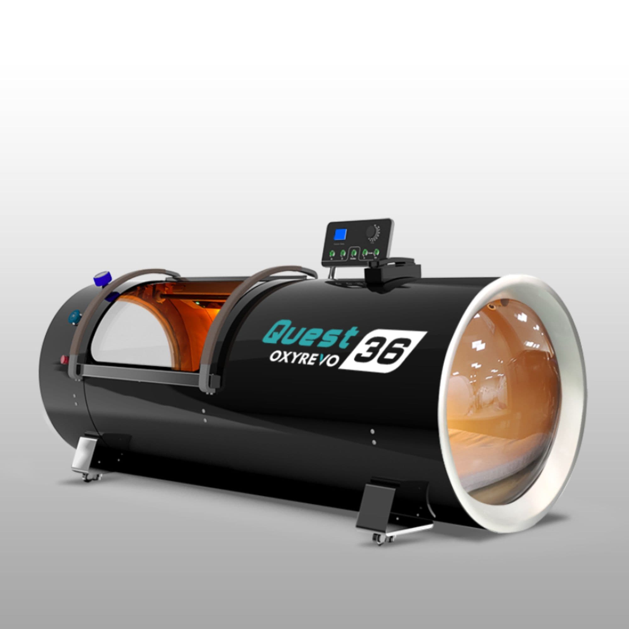 OxyRevo Quest36 Hard Hyperbaric Chamber – 1.5–2.0 ATA Front Angle View Of Black Color On Gray Background