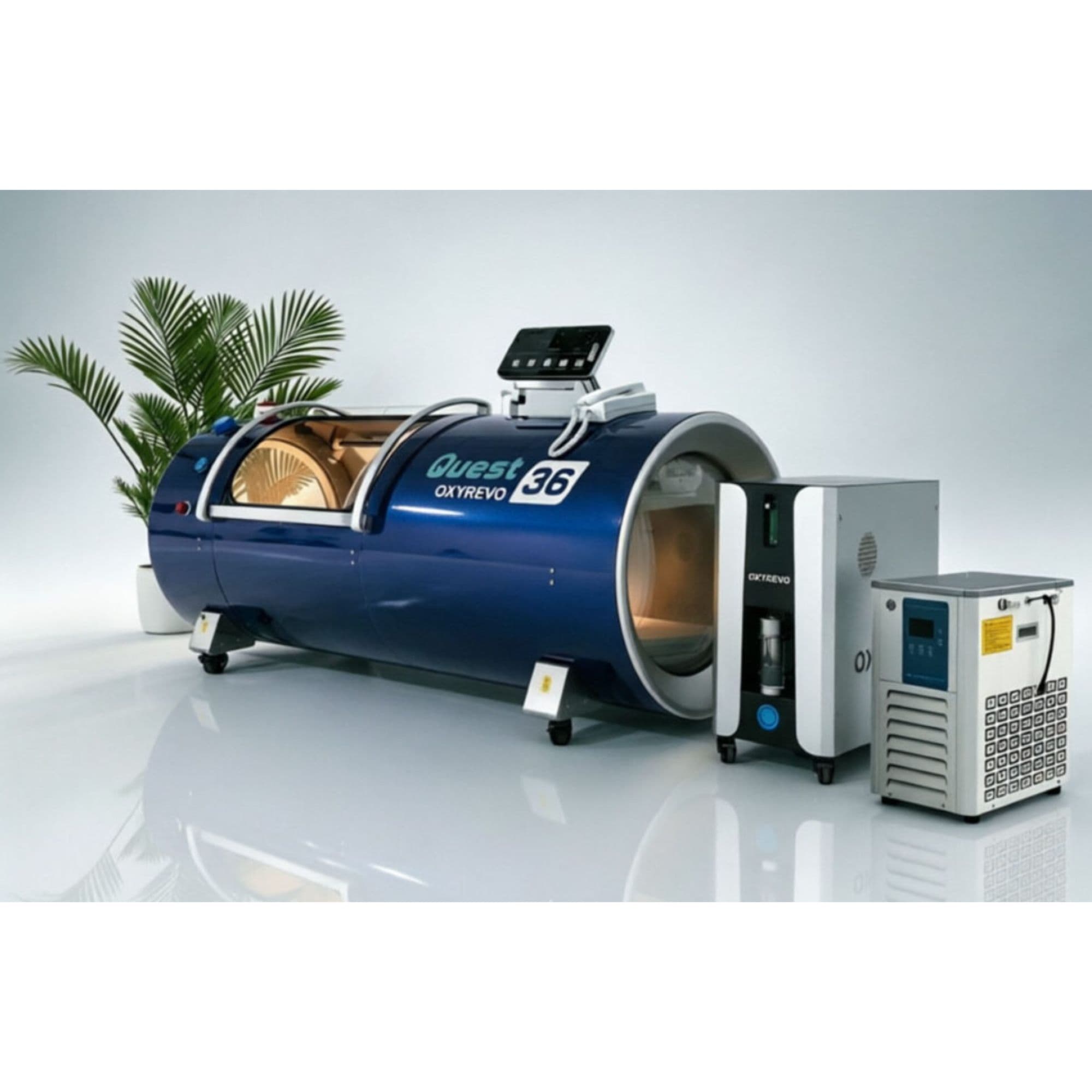OxyRevo Quest36 Hard Hyperbaric Chamber – 1.5–2.0 ATA Showing The With Oxygen Concentrator And Cooling Unit With Plant