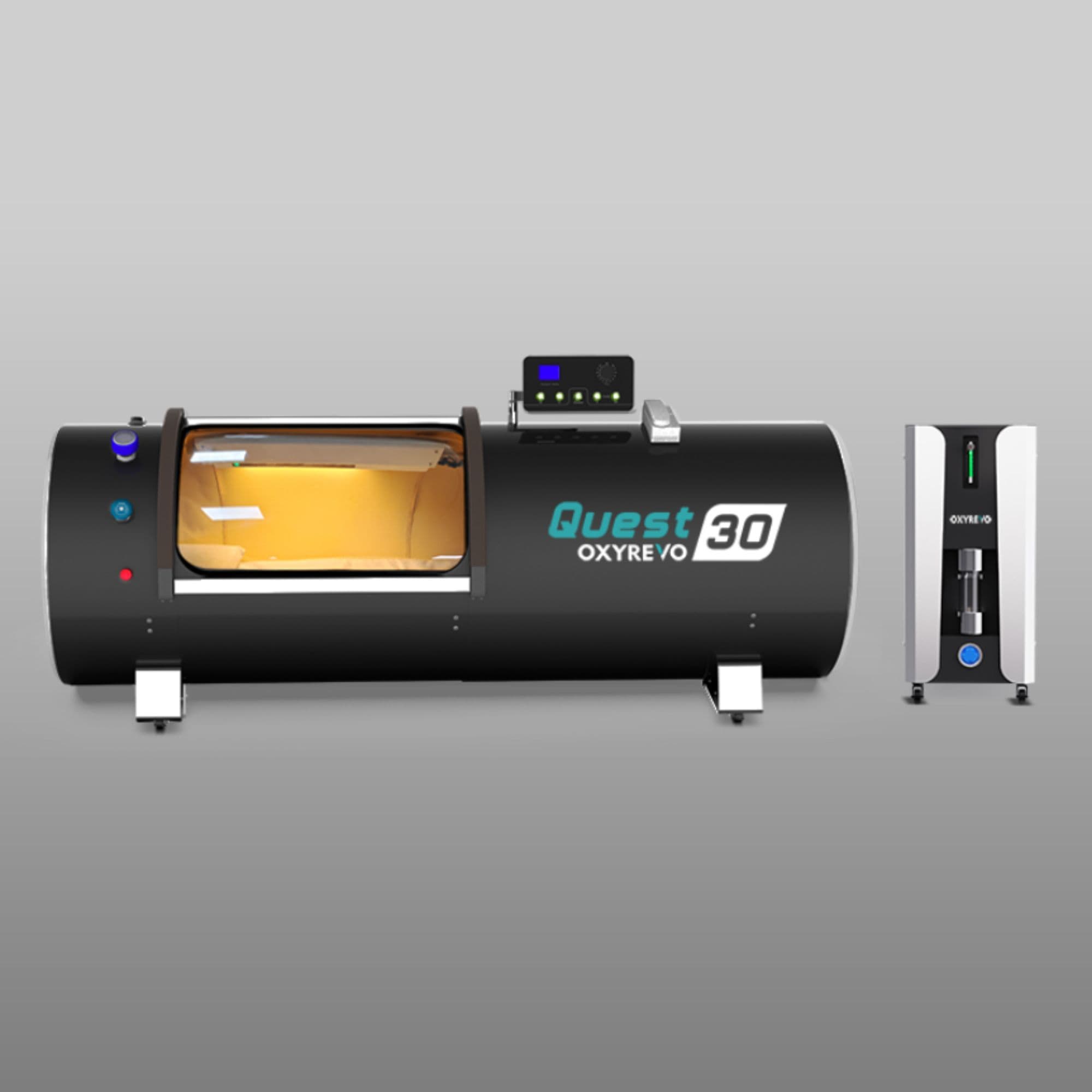 OxyRevo Quest 30 Hyperbaric Chamber Front View Of Black Color On Gray Background