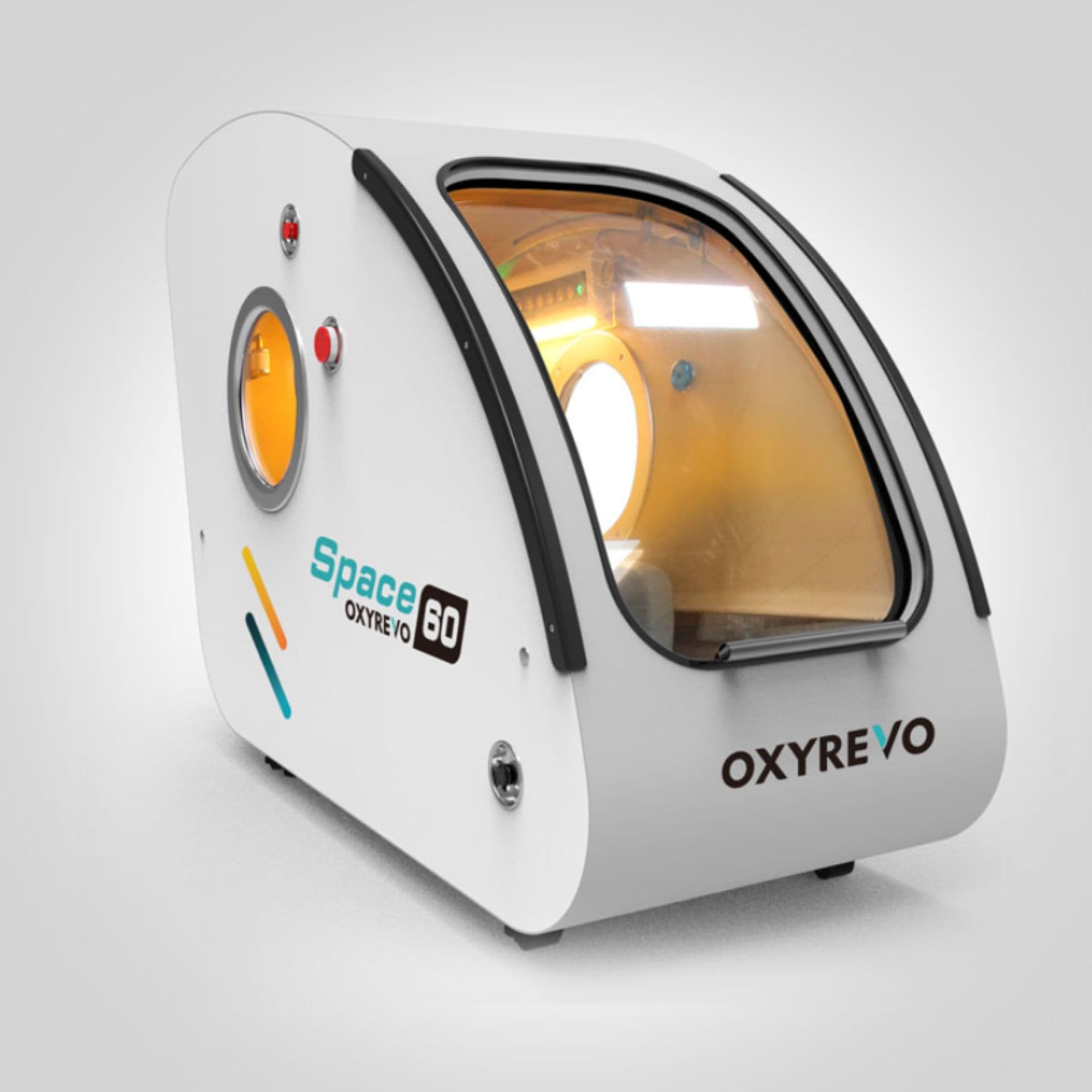 OxyRevo Space60 Hard Sitting Hyperbaric Chamber – 1.5–2.0 ATA Front Angled Left View Of White Color On Gray Background