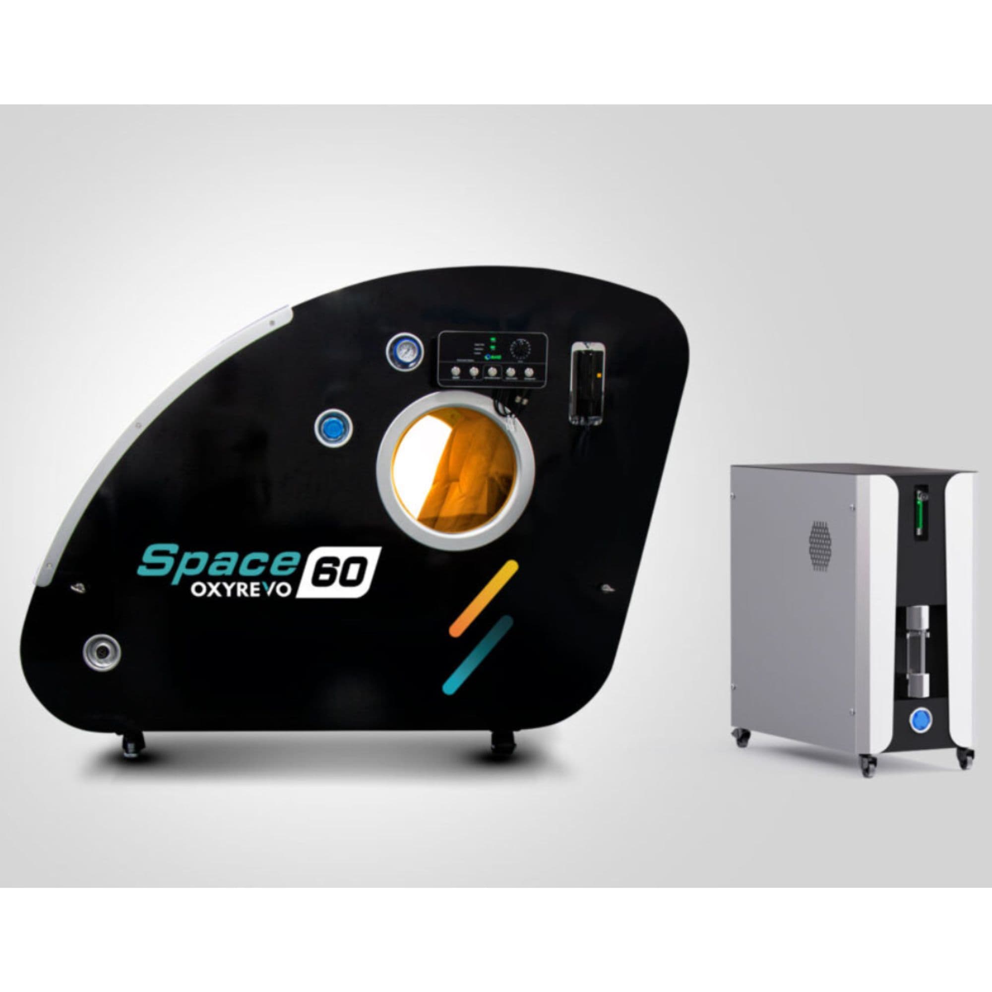 OxyRevo Space60 Hard Sitting Hyperbaric Chamber – 1.5–2.0 ATA With Oxygen Concentrator  On Gray Background
