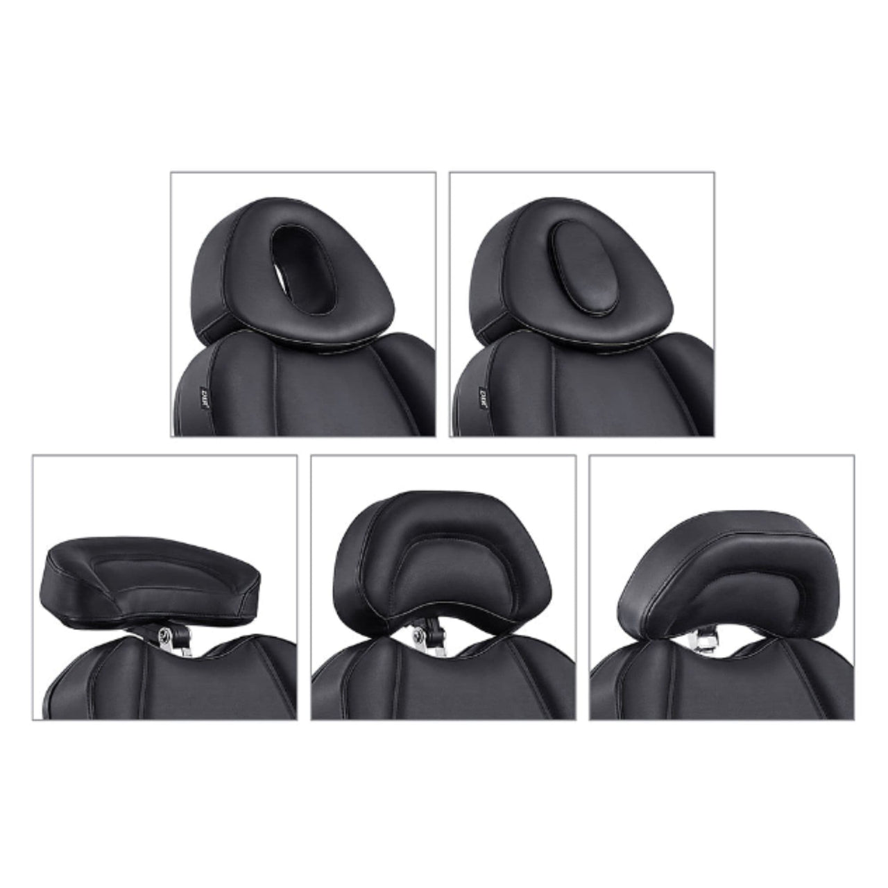 Pavo 4-Motor OB GYN Exam Chair Close-Up Views Showing Multiple Headrest And Face Hole Options For Black Variants