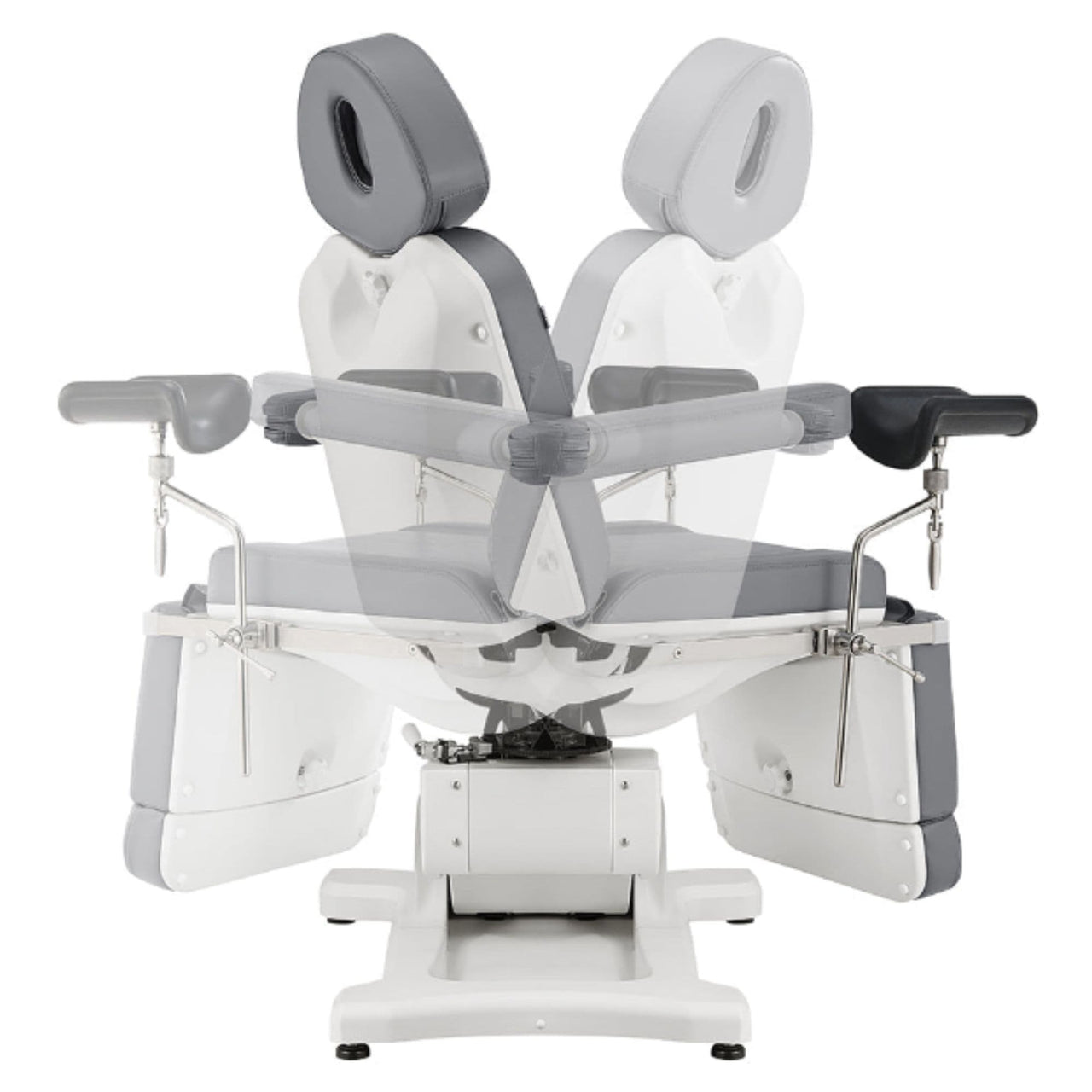 Pavo 4-Motor OB GYN Exam Chair Gray Front View With Swivel Rotation Demonstration On White Background